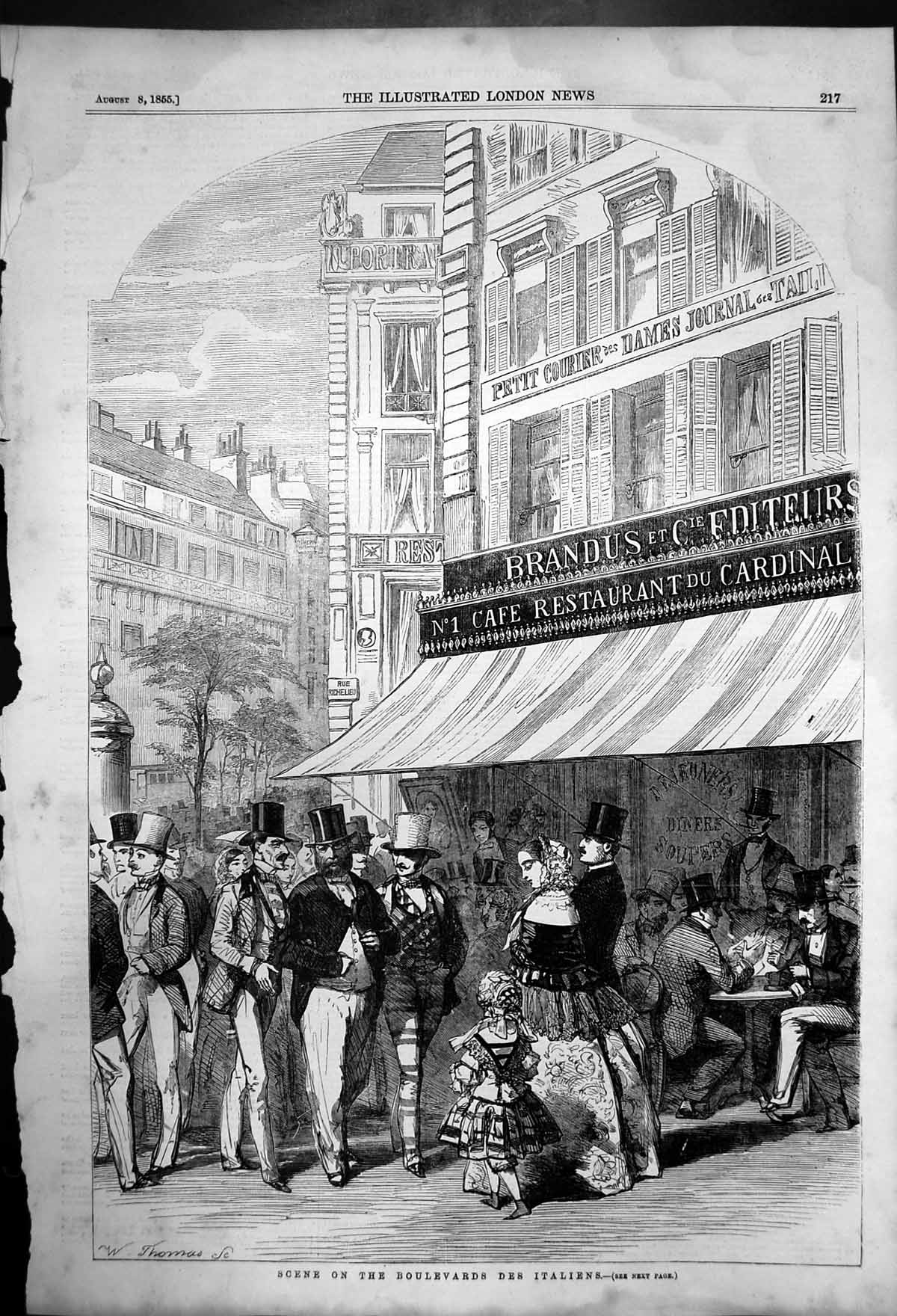 Old Antique Print Townspeople Outside Cafe On Boulevard Des Italiens 1855 19th