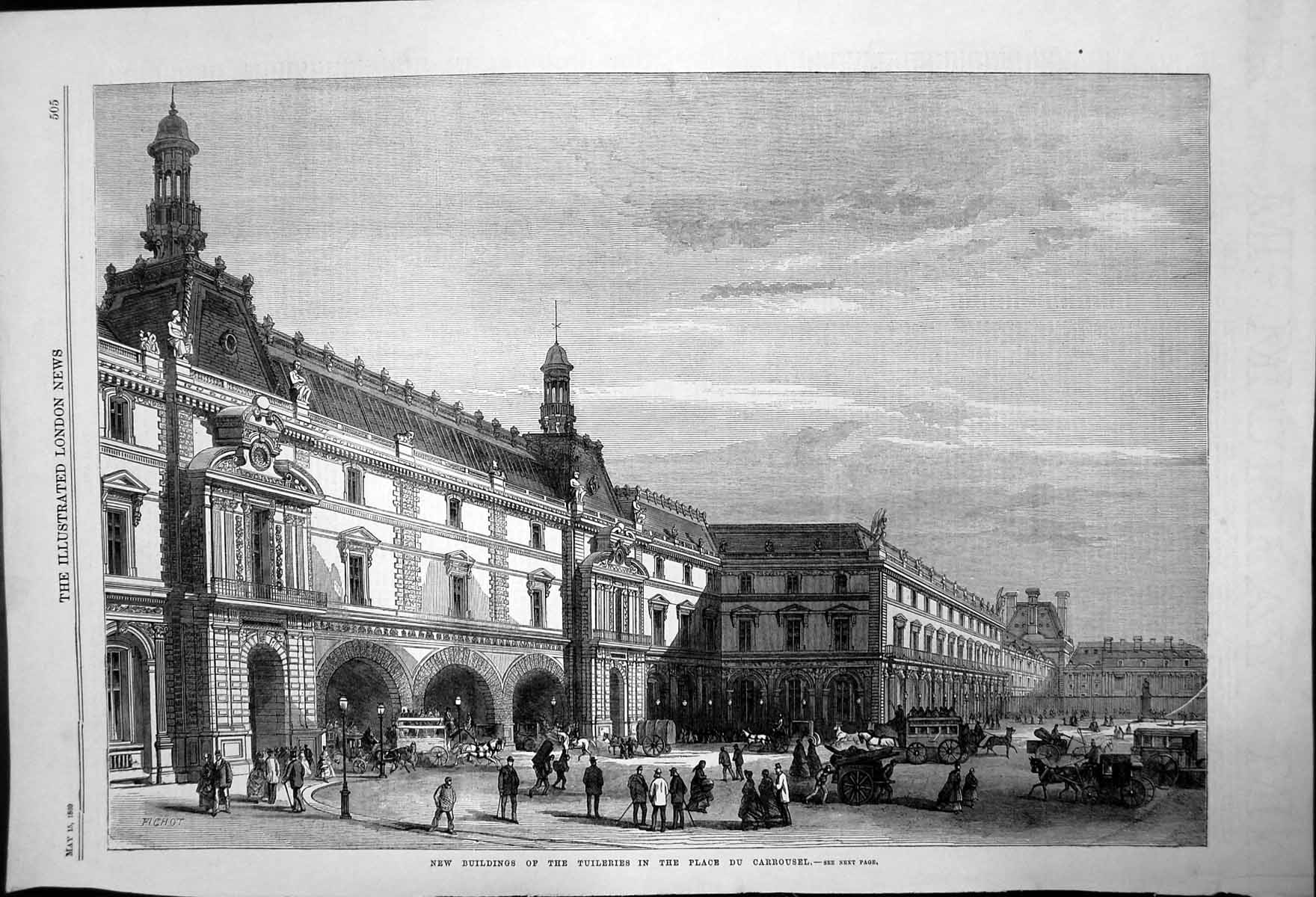 Original Old Antique Print Tuileries Buildings In Place Du Carrousel 1869 19th