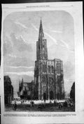 Original Old Antique Print Townspeople Outside Strasbourg Cathedral 1861 19th