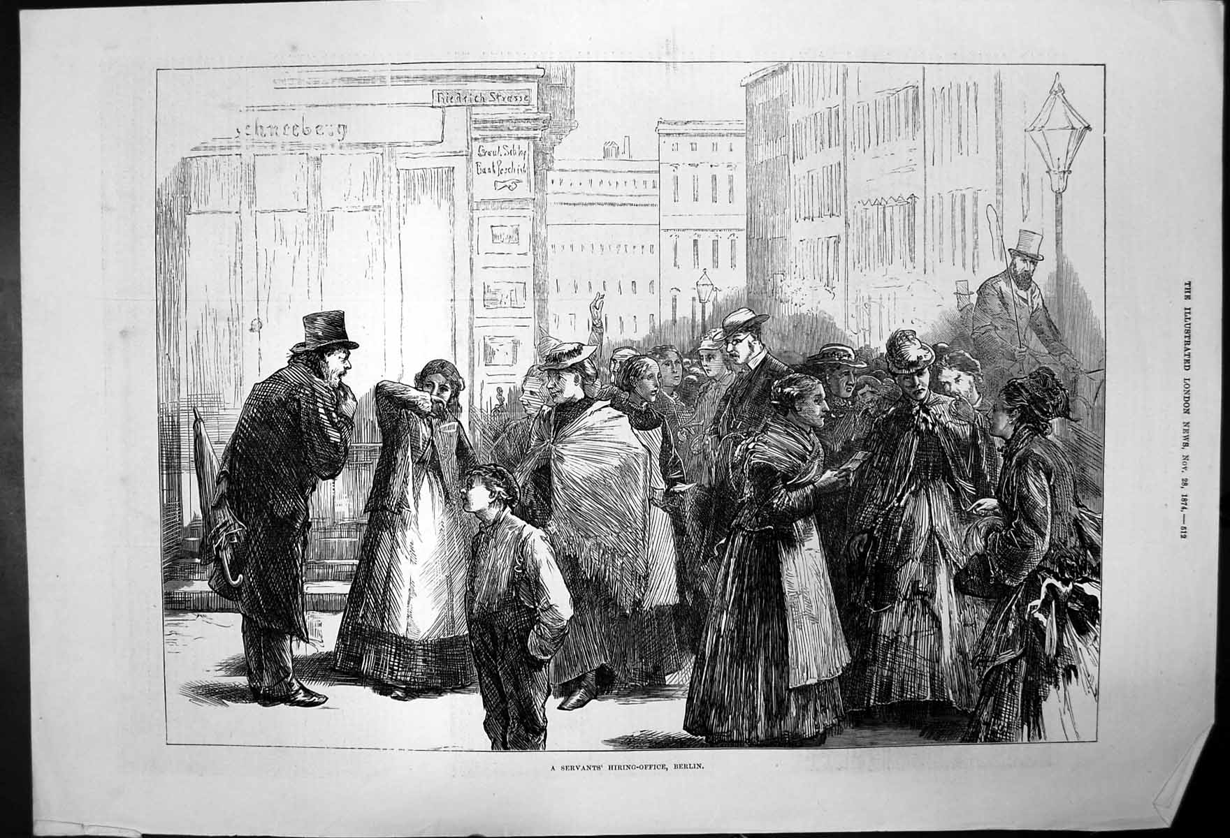 Original Old Antique Print Servants Waiting Outside Hiring-Office Berlin 1874
