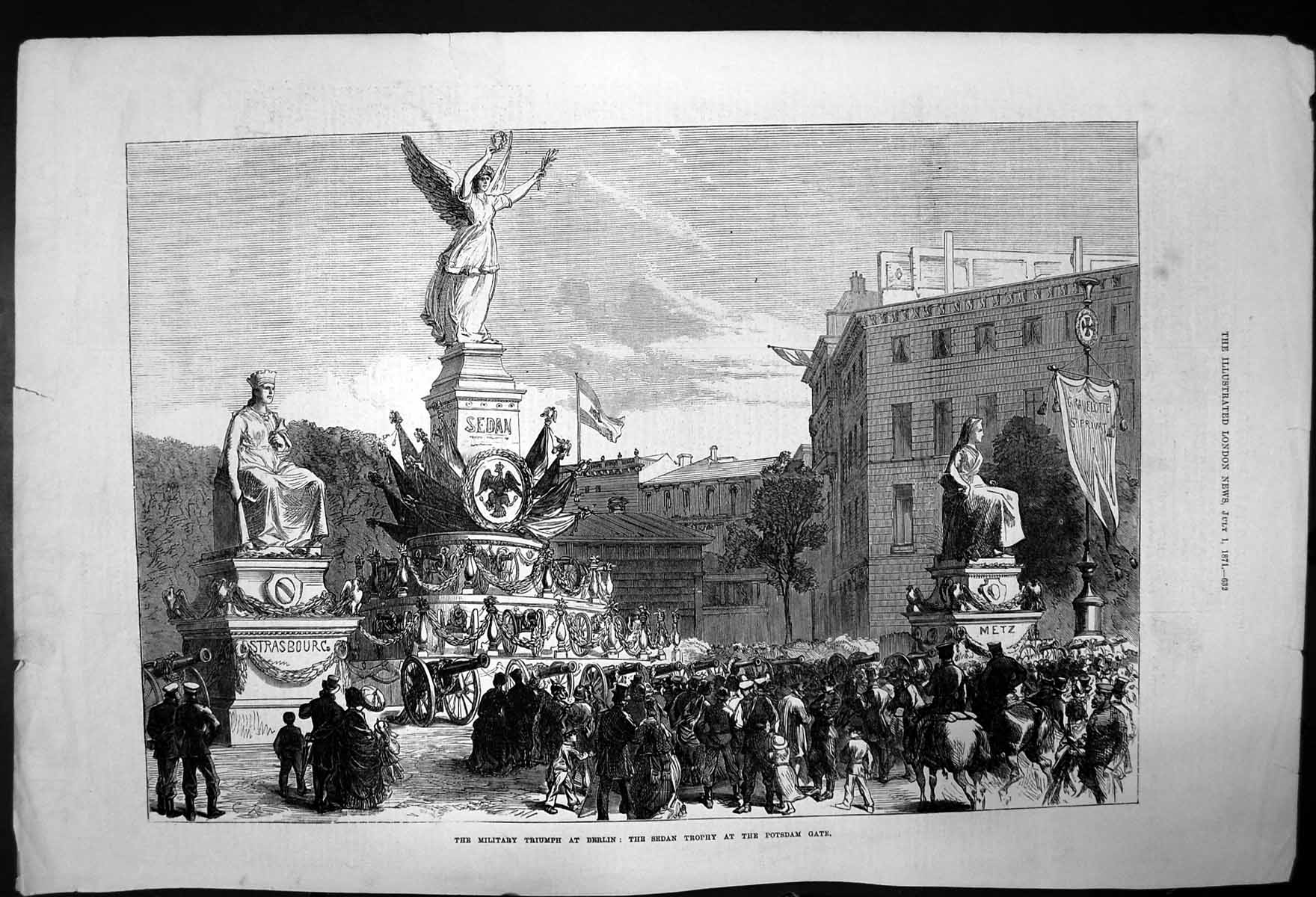 Antique Old Print Military Truimph Berlin Sedan Trophy At Potsdam Gate 1871