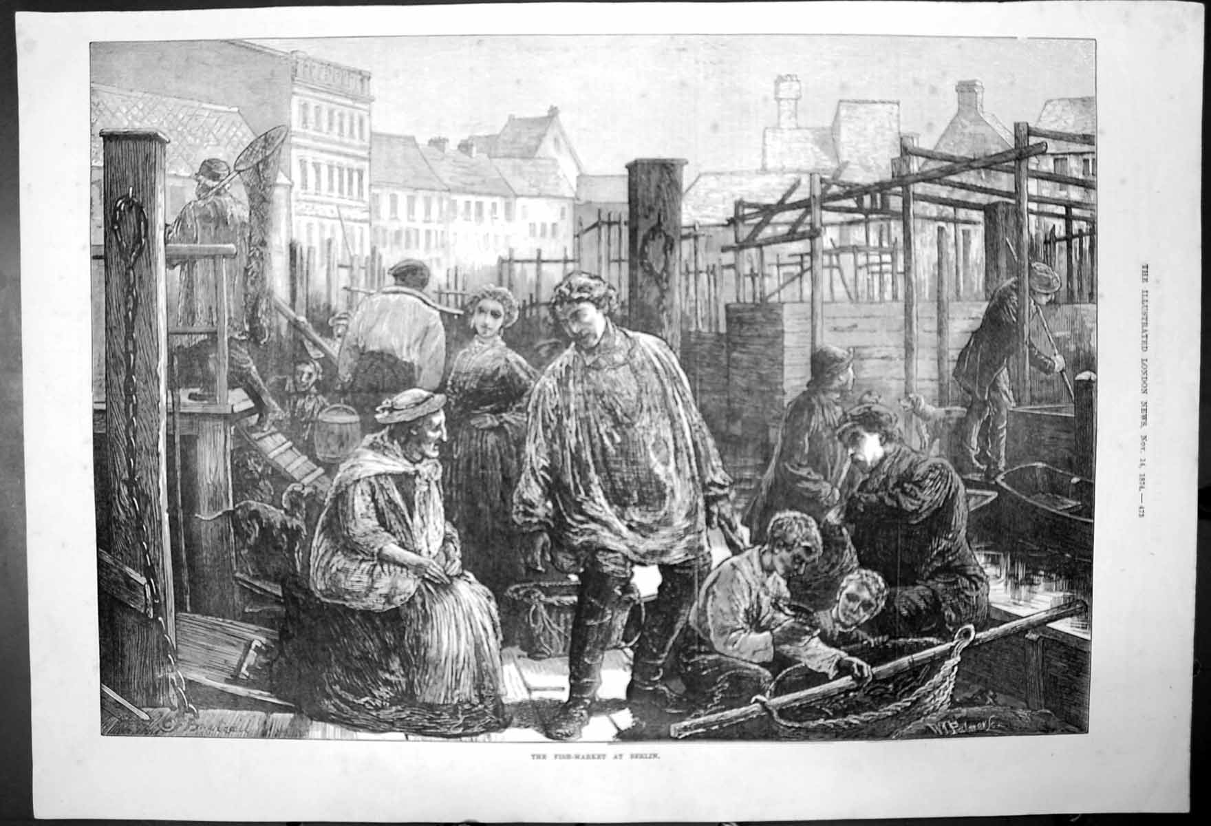 Original Old Antique Print Fisher Folk At Fish-Market At Berlin 1874 Victorian