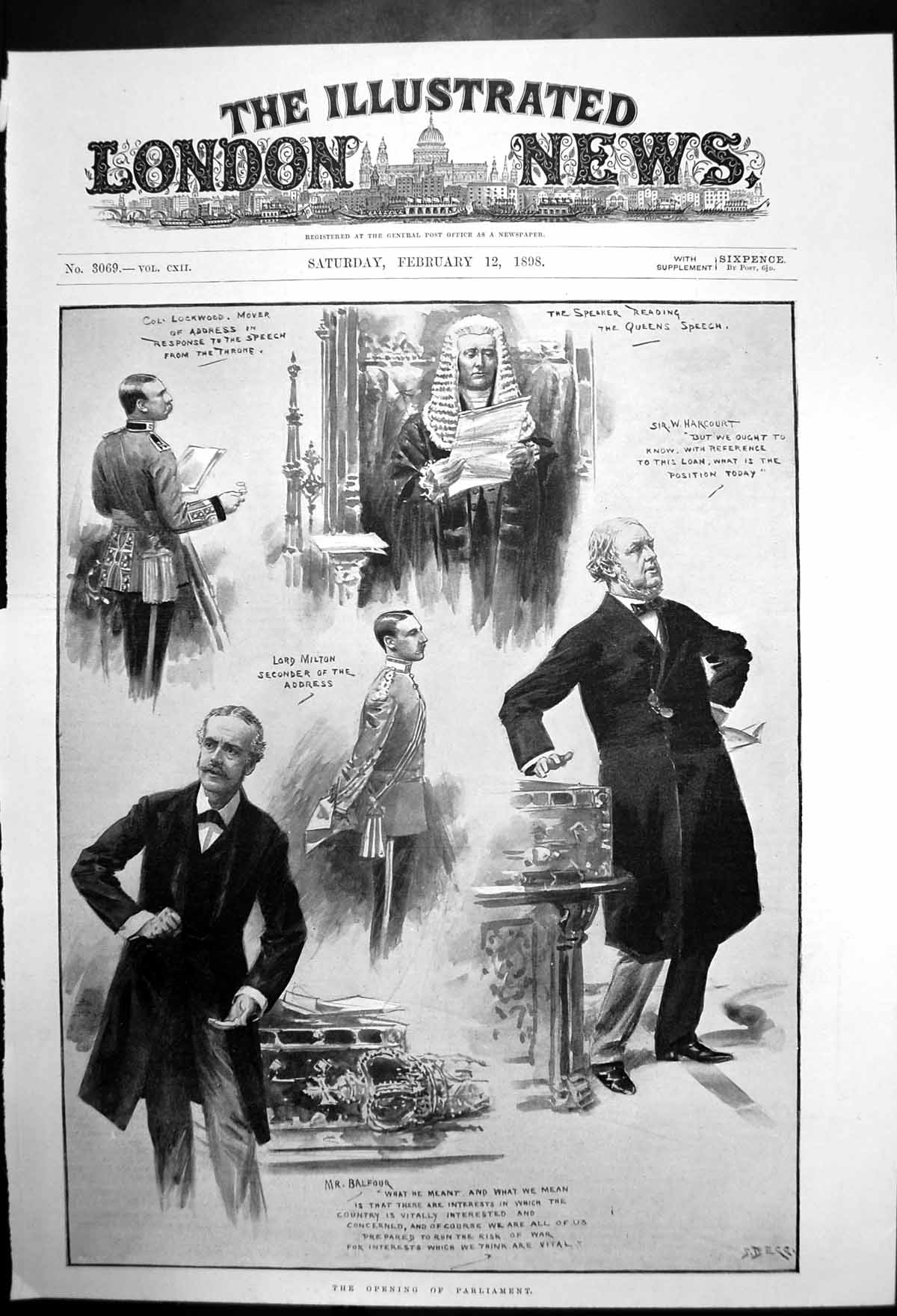 Antique Old Print Opening Parliament Lord Milton Col Lockwood W Harcourt 1898