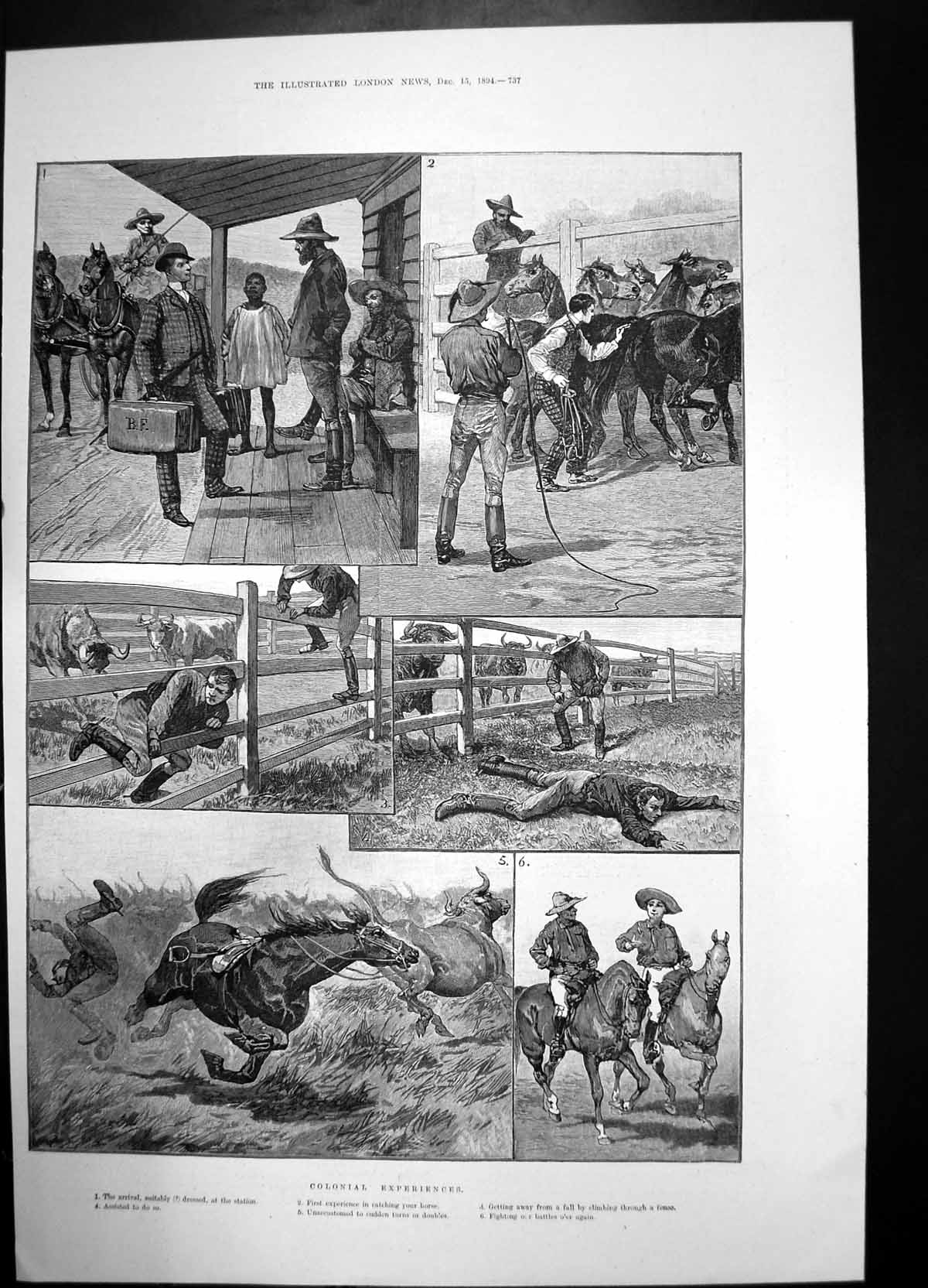 Old Print Colonial Experiences Horse Fall Fence Men Fighting Battles 1894 19th