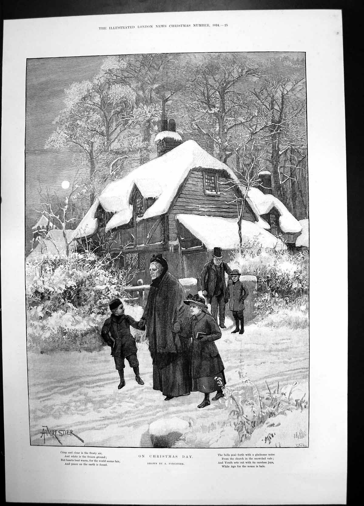 Old On Christmas Day Forestier Family Woman Children House Snow 1894 Victorian