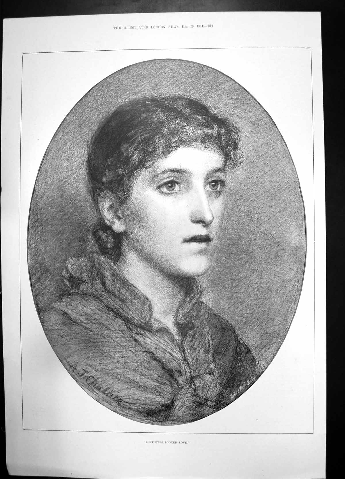 Original Old Antique Print Soft Eyes Looked Love 1894 Woman Portrait Victorian
