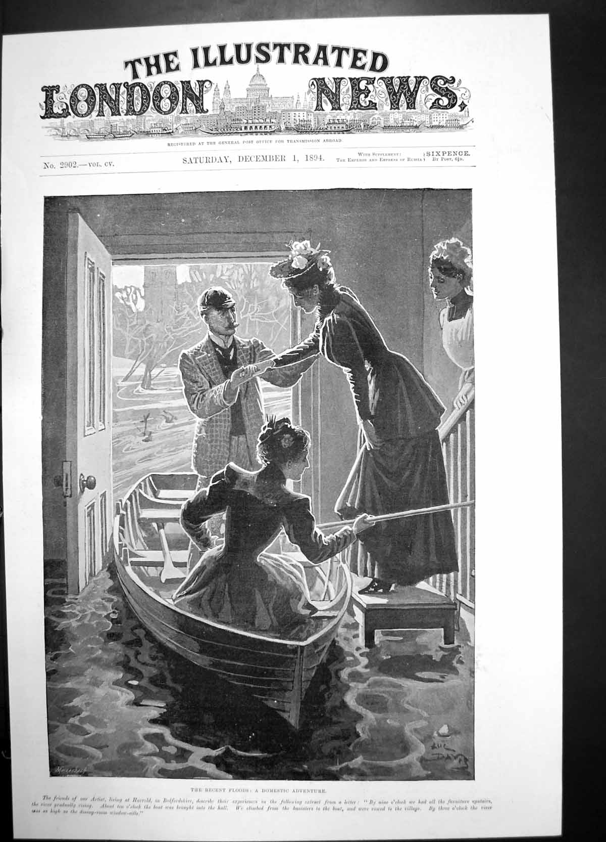Antique Old Print Recent Floods Domestic Adventure 1894 Women Boat House Home