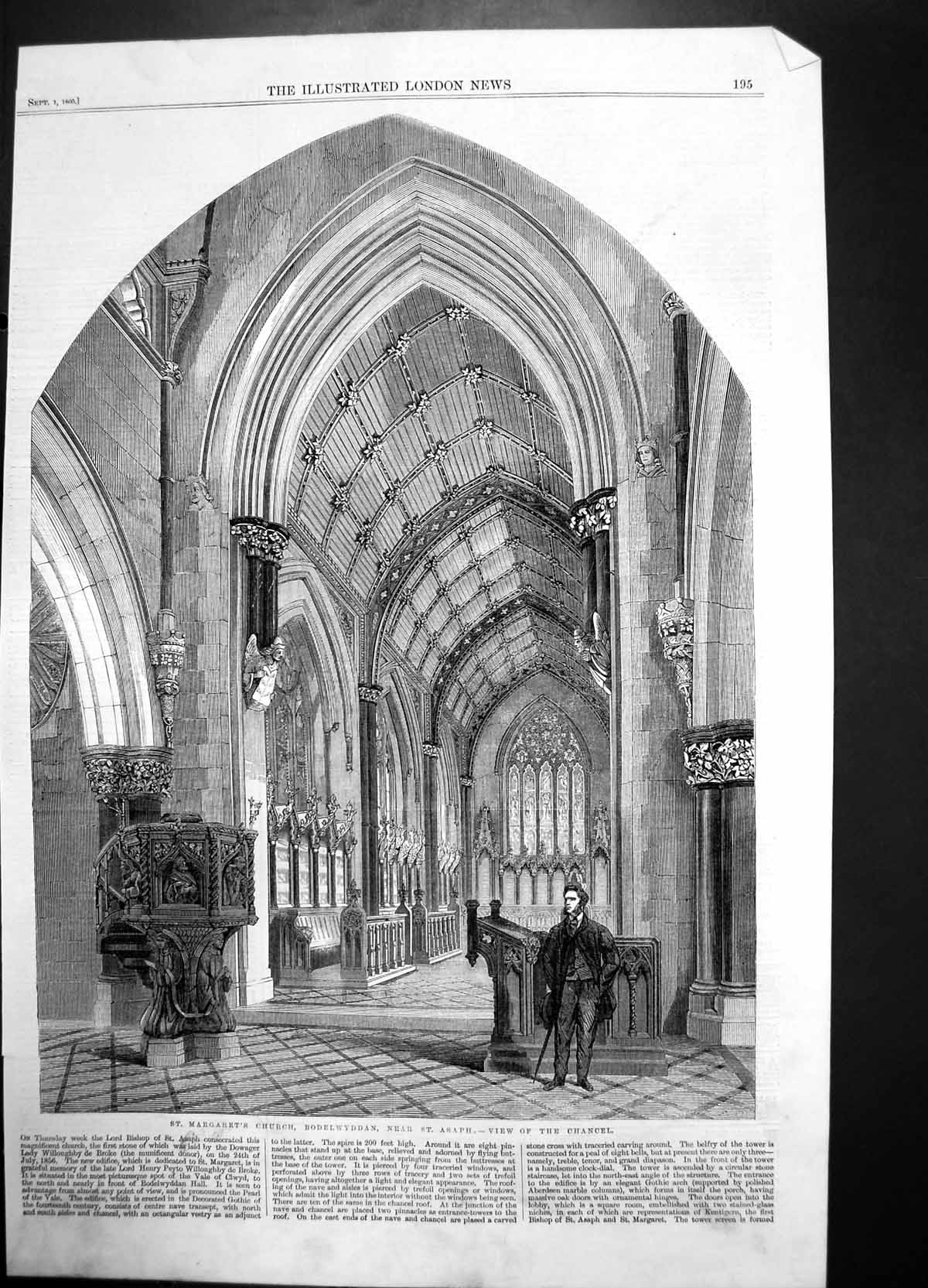 Antique Old Print St Margarets Church Bodelwyddan St Asaph View Chancel 1860