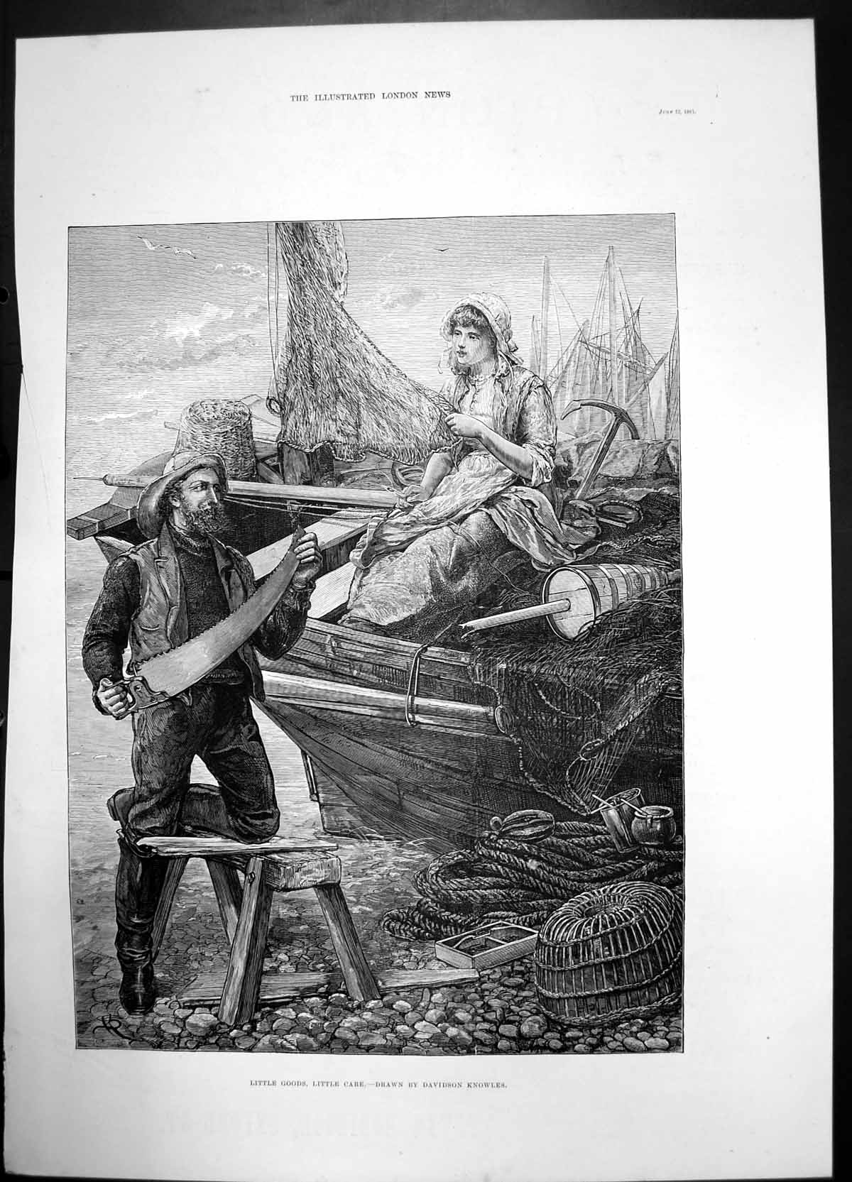 Antique Print Little Goods Little Care Knowles 1883 Man Woman Boat Saw Wood