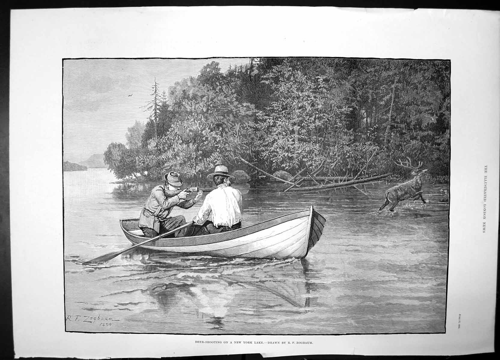 Antique Print Deer Shooting On New York Lake Zogbaum 1885 Gun Hunting Boat 19th