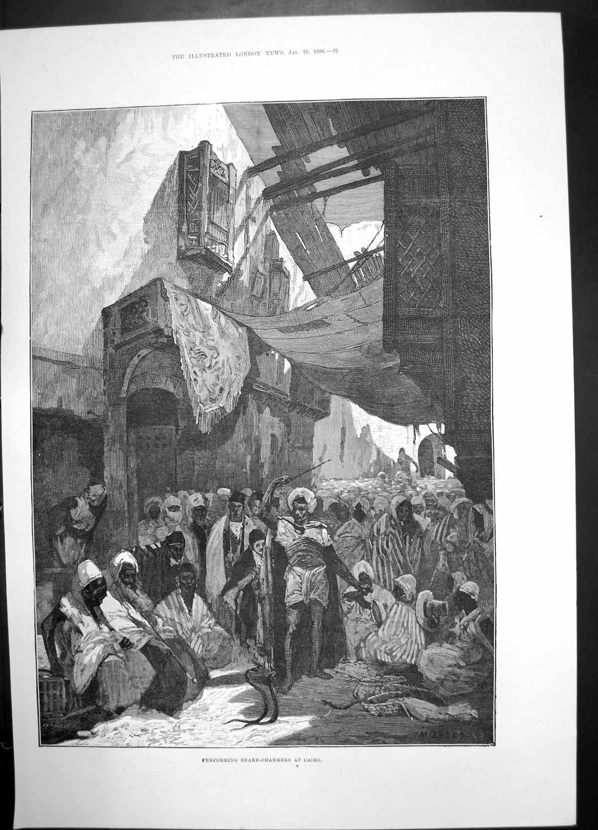 Antique Old Print Performing Snake Charmers Cairo 1886 Crowd Entertainment 19th