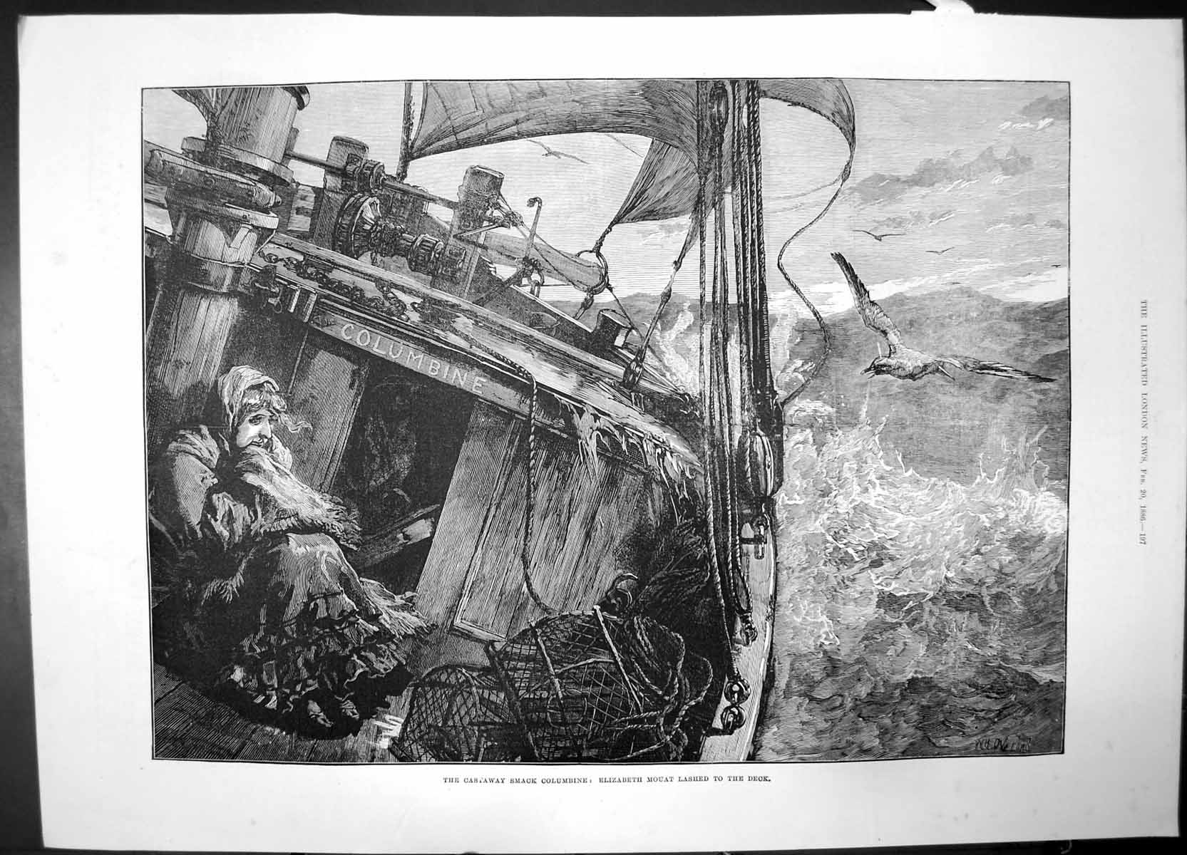 Old Print Castaway Smack Columbine Elizabeth Mouat Lashed Deck 1886 Boat 19th