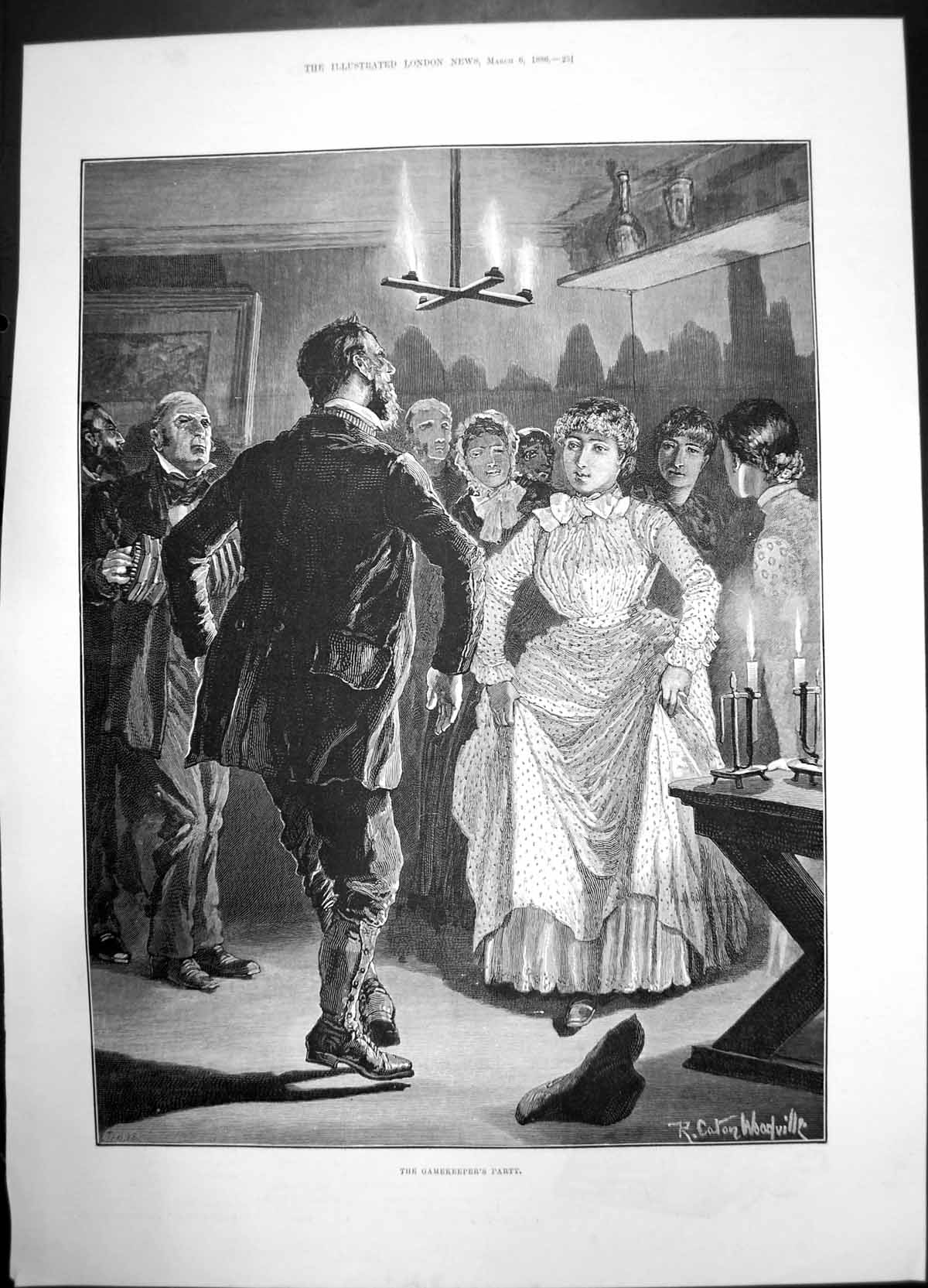 Antique Print Gamekeepers Party 1886 Women Men Dancing Dress Suit Woodville