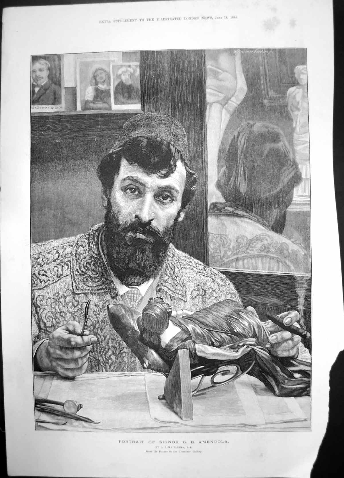 Antique Old Print Portrait Signor G B Amendola 1884 Man Mirror Cigar Figurine