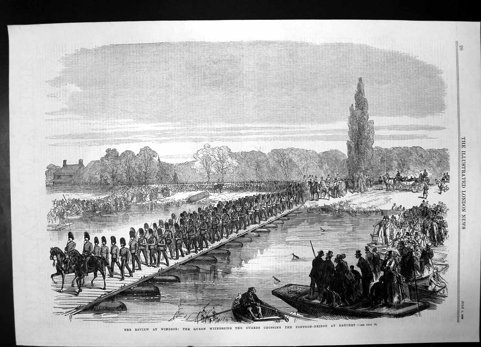Antique Old Print Review At Windsor Queen Guards Pontoon Bridge Datchet 1869