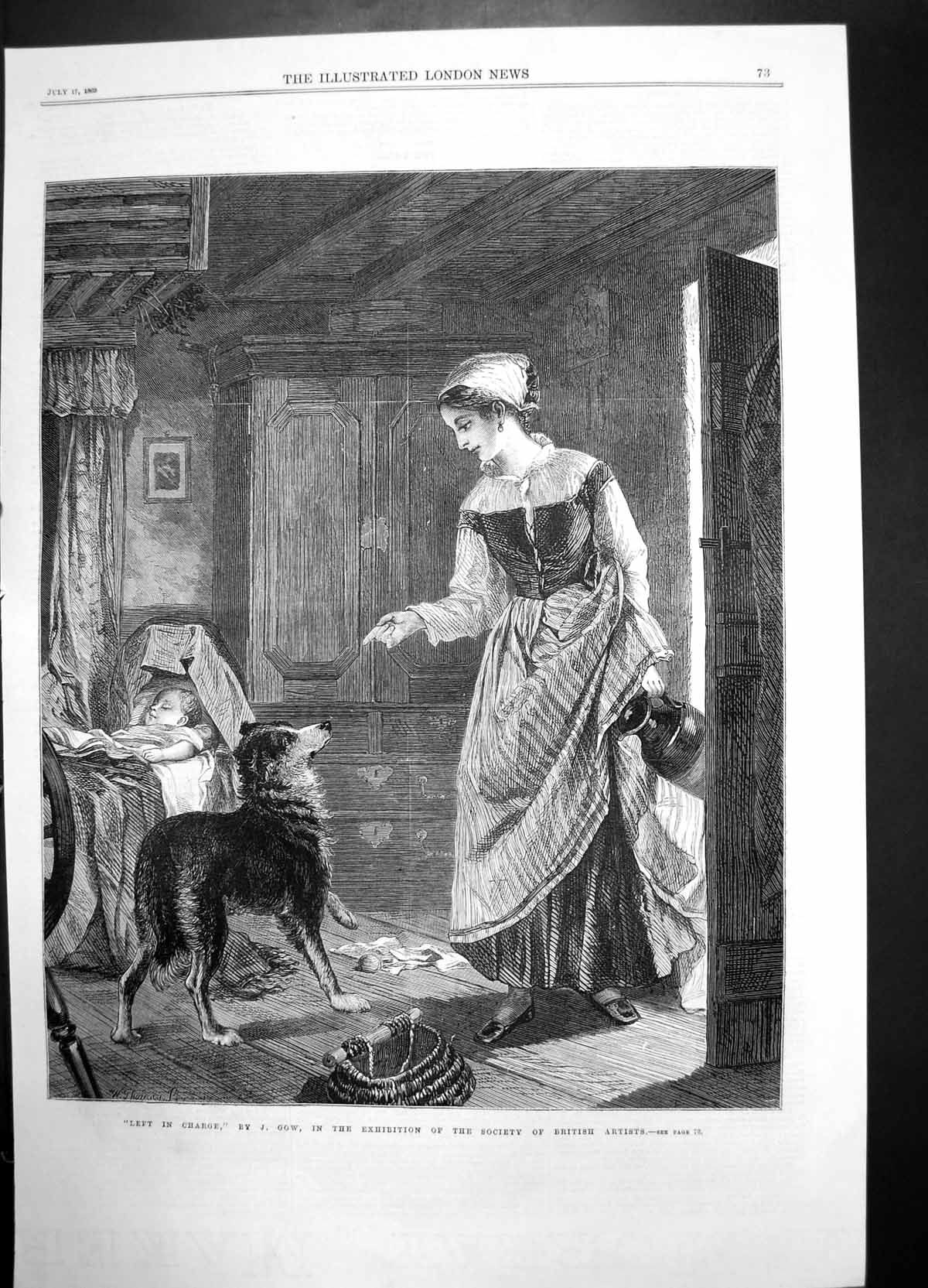 Old Antique Print Left In Charge Gow British Artists 1869 Dog Woman Child 19th