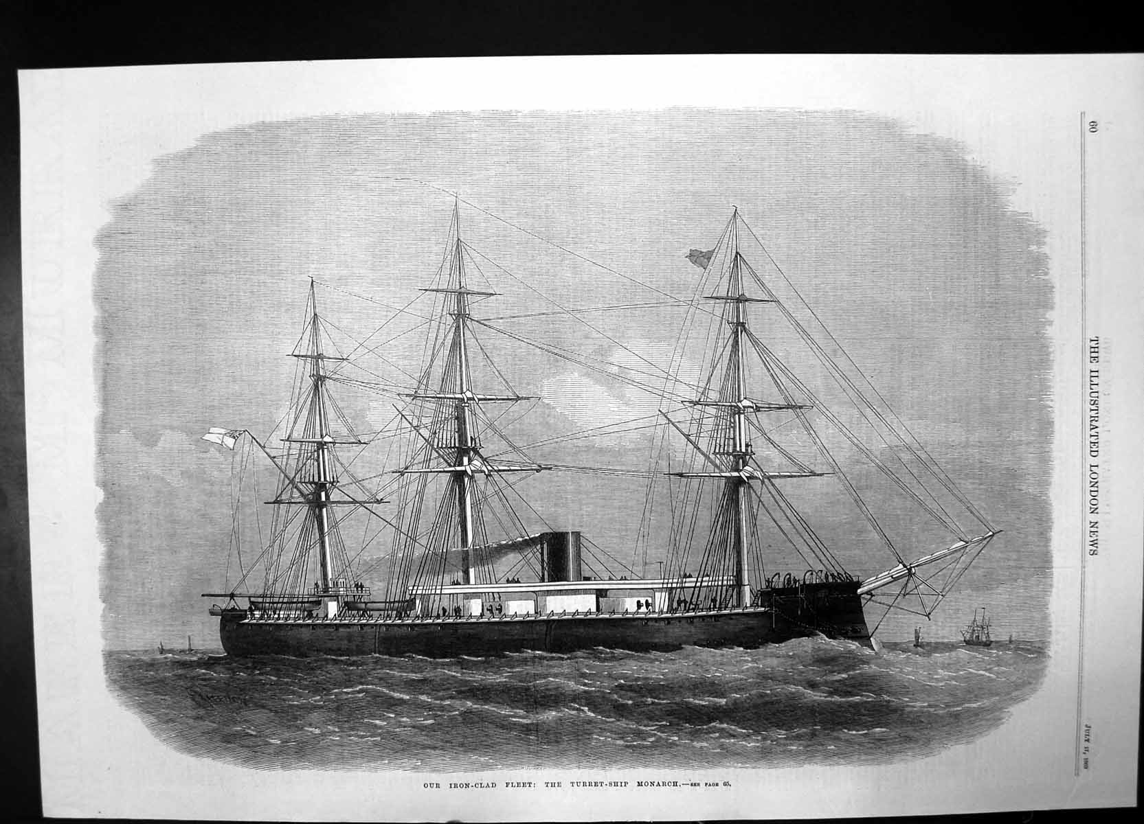 Old Antique Print Iron Clad Fleet Turret Ship Monarch 1869 Boat Sea Flag 19th
