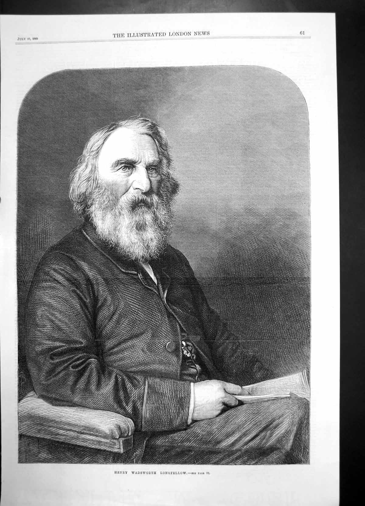 Original Old Antique Print Henry Wadsworth Longfellow 1869 Man Portrait Suit