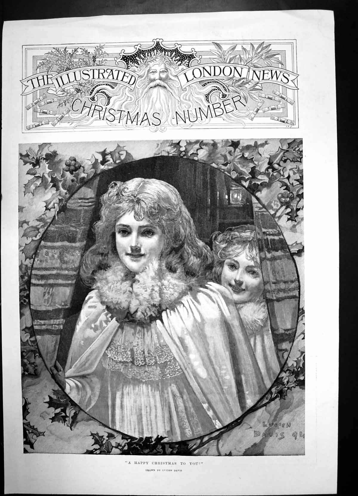 Antique Print Happy Chirstmas To You Lucien Davis 1894 Girls Holly Portrait