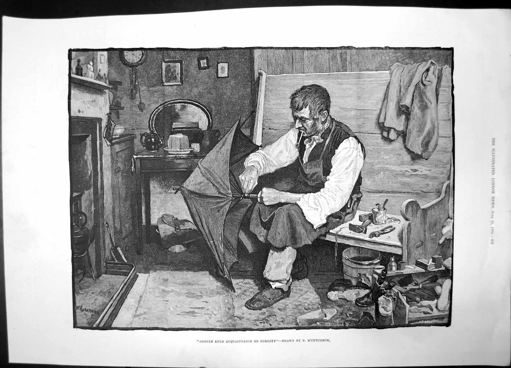 Antique Print Should Auld Acquaintance Be Forgot 1884 Mcutcheon Man Working
