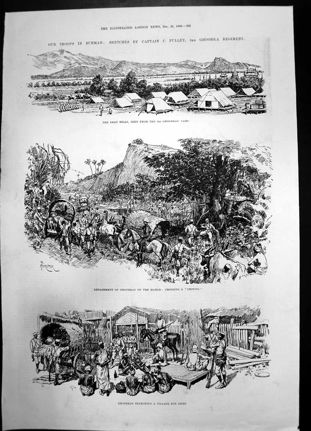 Antique Old Print Troops Burmah Sketches Ghoorka Regiment Village Horses 1886