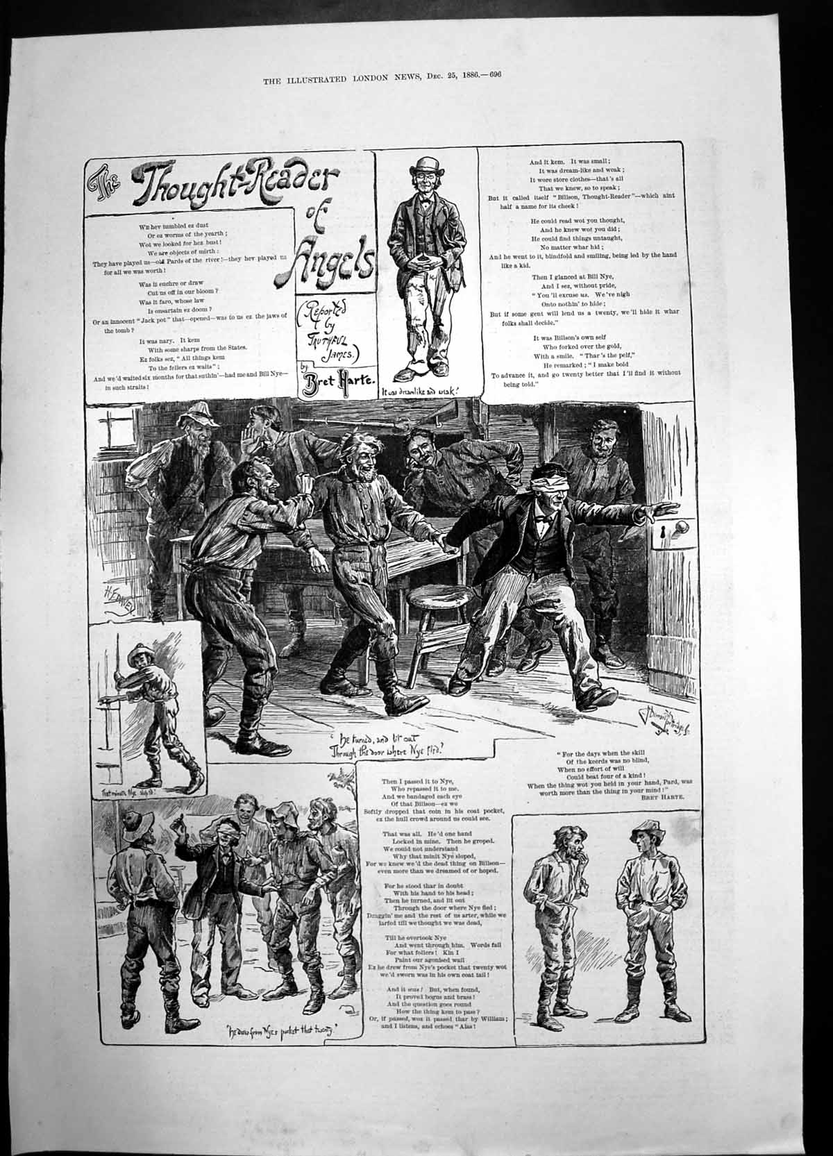 Antique Old Print Thought Reader Angels 1886 Bret Harte Sketches Comic Strip
