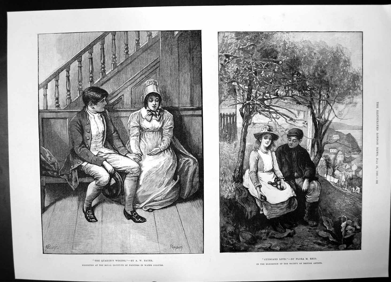 Antique Print Quakers Wooing Cupboard Love 1891 British Artists Bayes Reid 19th