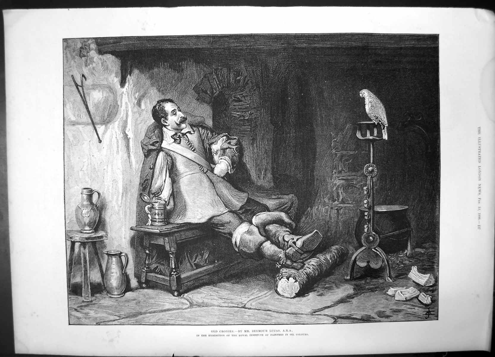 Antique Old Print Cronies Seymour Lucas 1886 Man Bird Exhibition Oil Colours