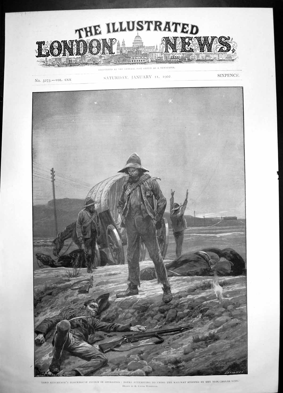 Antique Old Print Lord Kitcheners Blockhouse Line Boers Railway Crossing 1902
