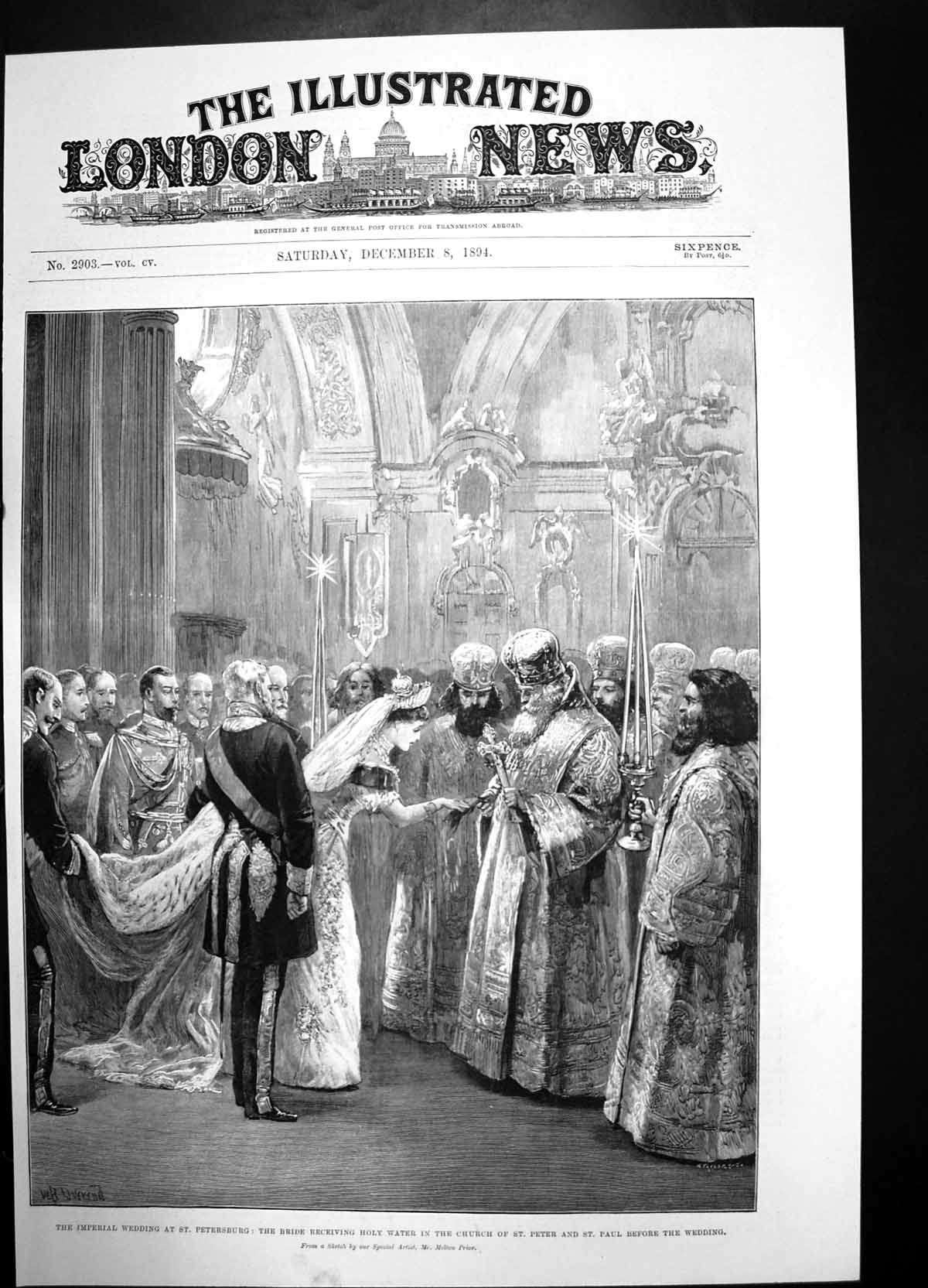 Antique Print Imperial Wedding St Petersburgh Bride Holy Water Church 1894 19th