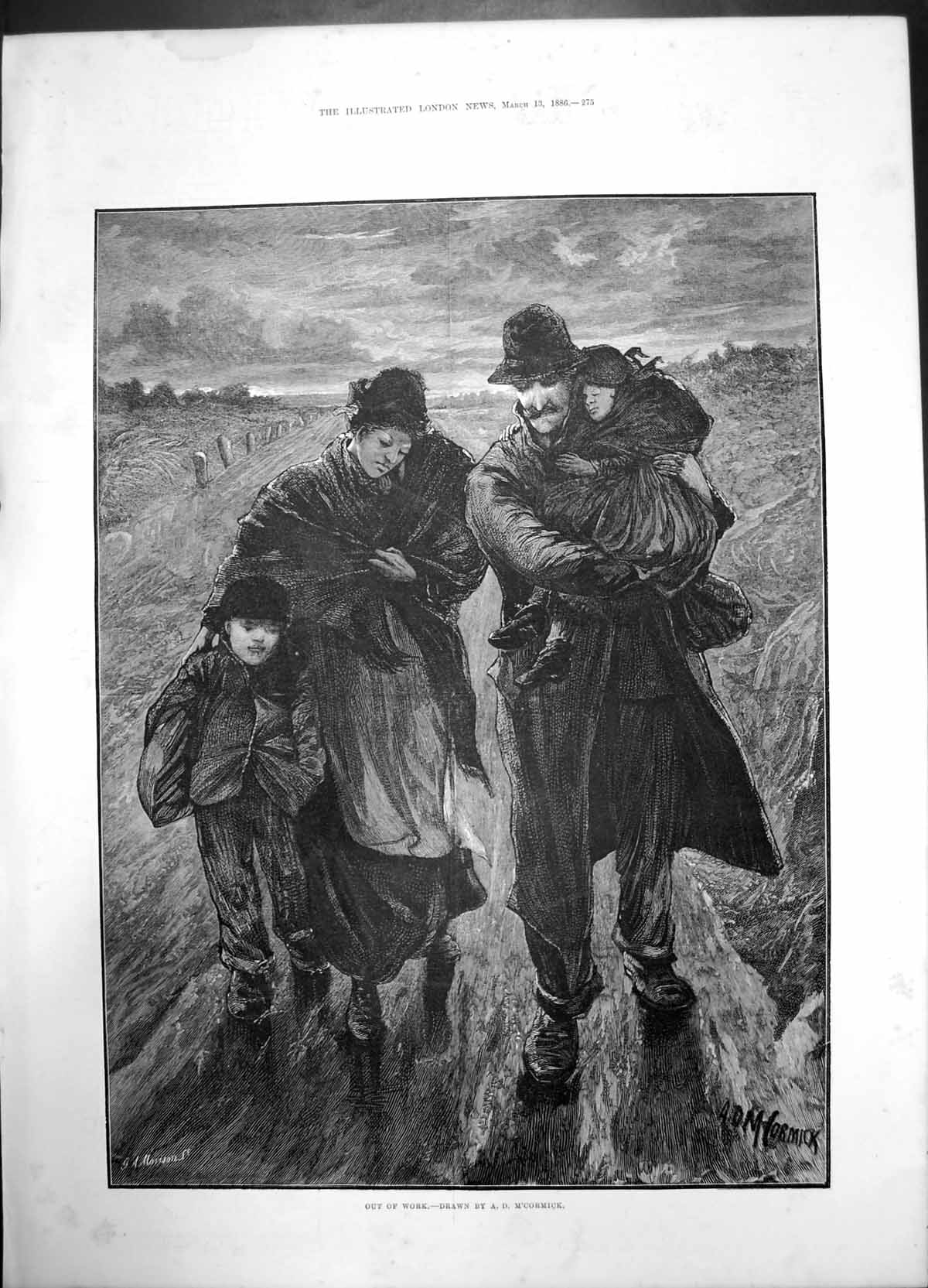 Old Antique Print Out Work Mcormick 1886 Woman Man Children Poverty Ref.2 19th