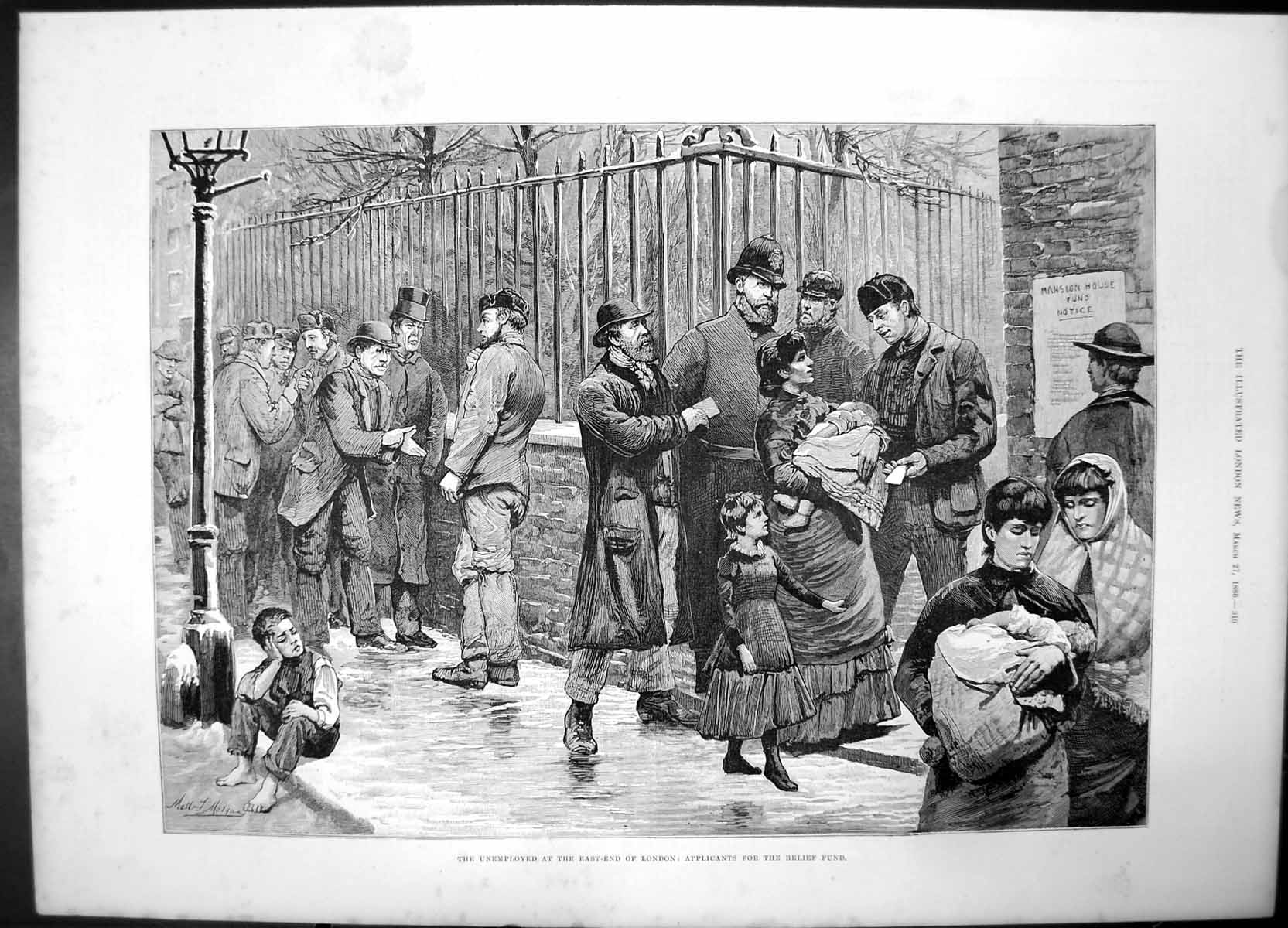 Original Old Antique Print Unemployed East End London Applicants Relief Fund