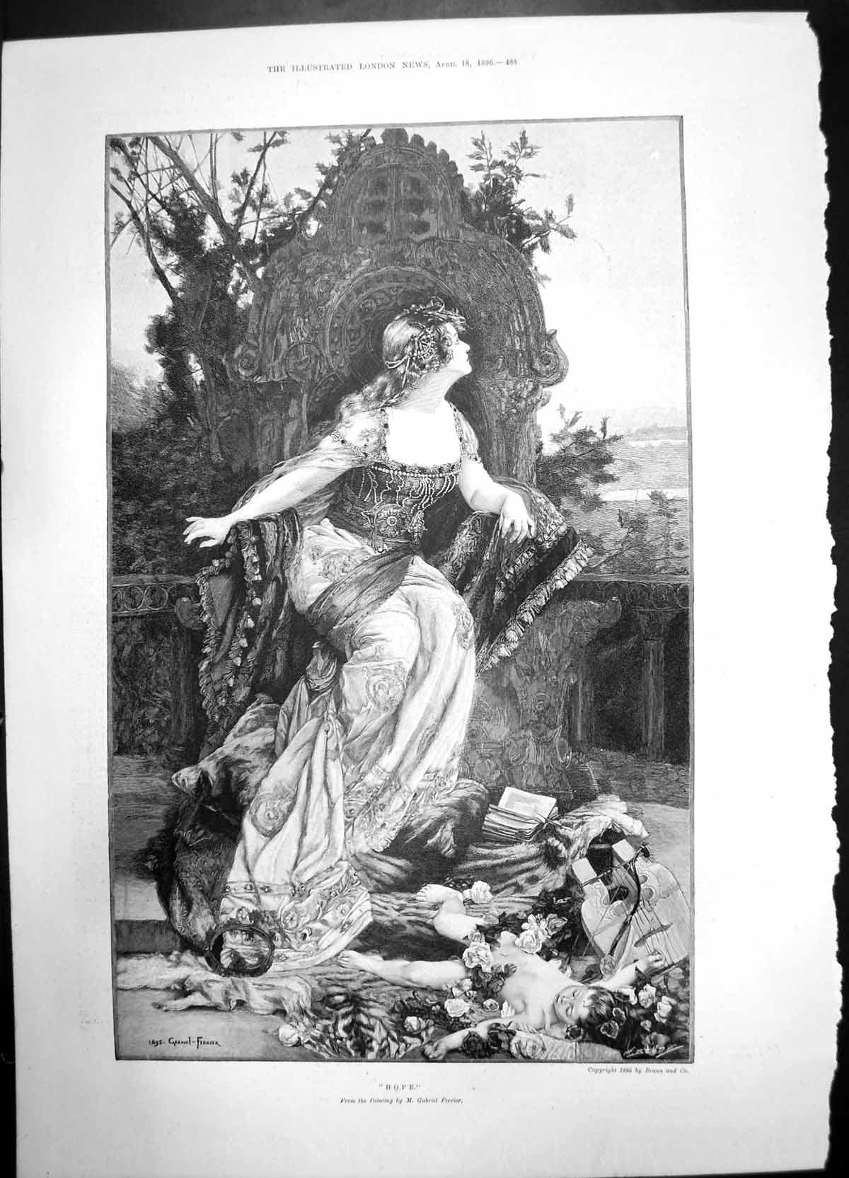 Antique Print Hope Gabriel Ferrier 1896 Woman Child Chair Portrait Flowers 19th
