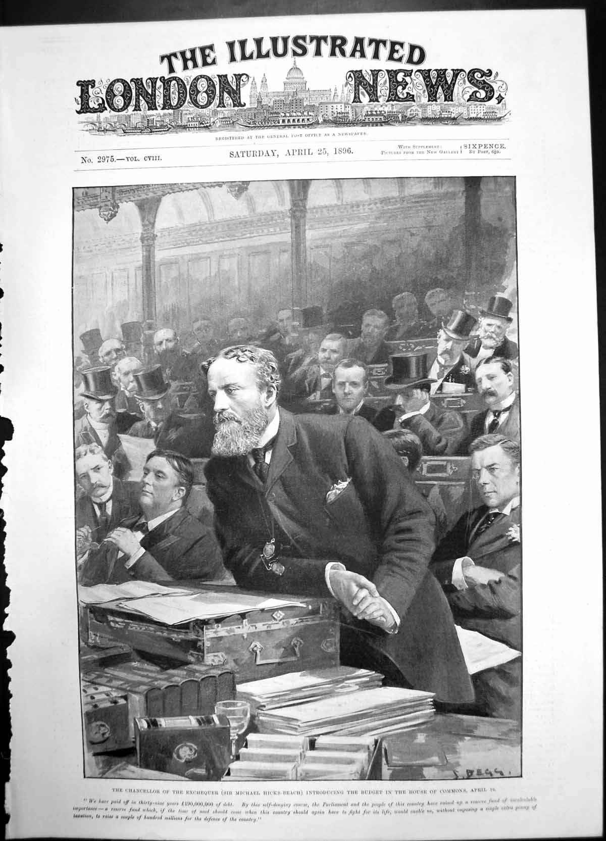 Antique Old Print Chancellor Exchequer Budget House Commons Hicks Beach 1896