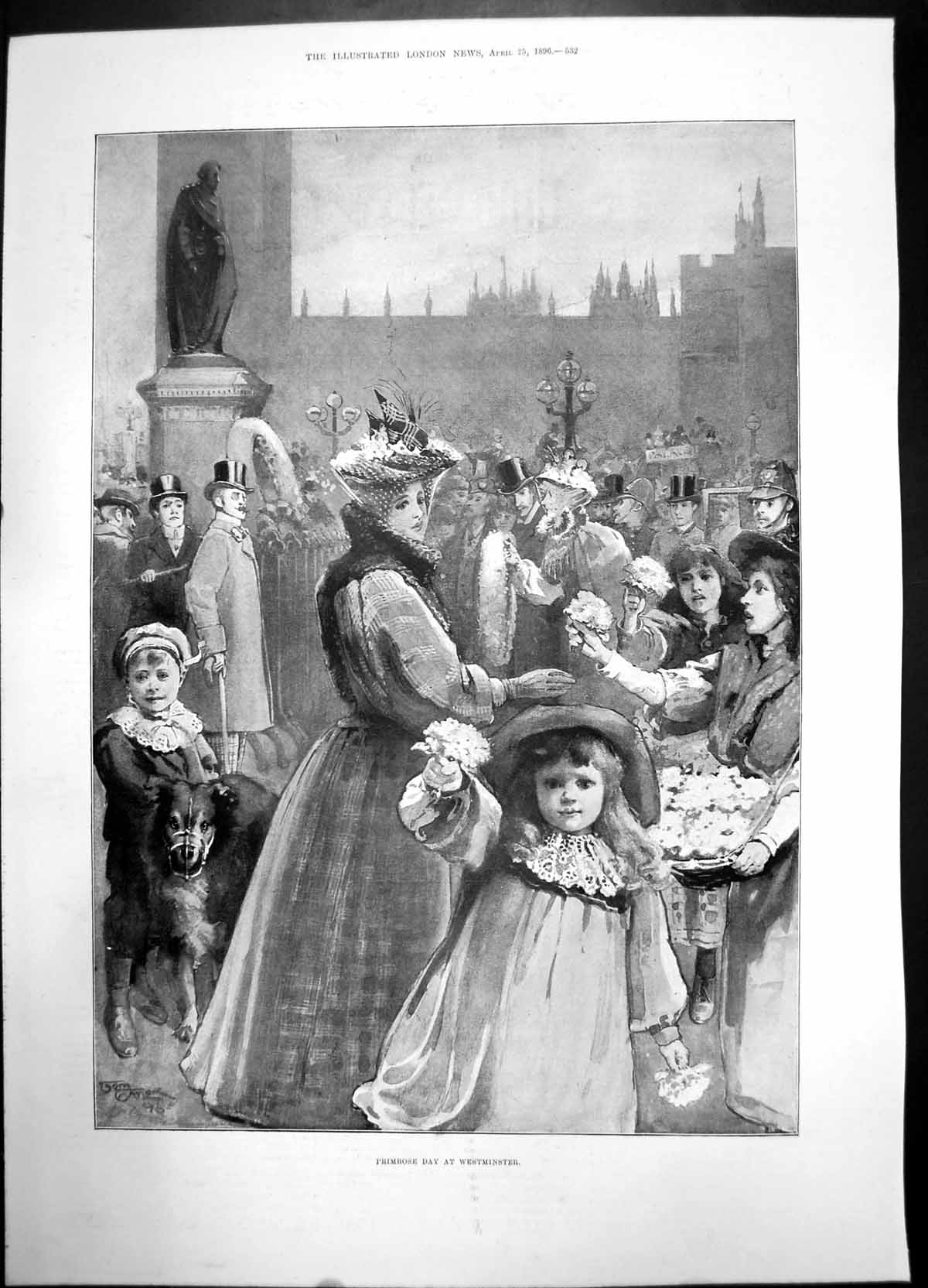 Antique Print Primrose Day Westminster 1896 Women Children Girl Dog Statue 19th