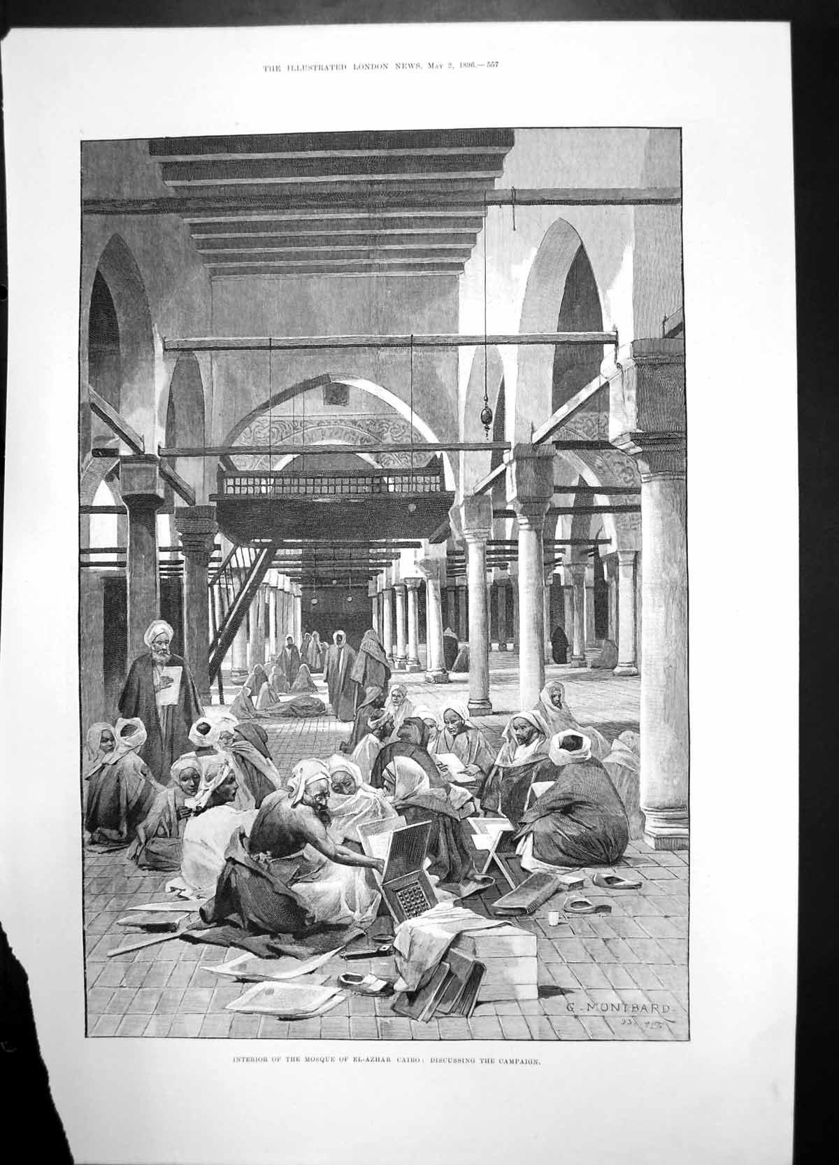 Old Interior Mosque El Azhar Cairo Discussing Campaign 1896 Montbard Victorian