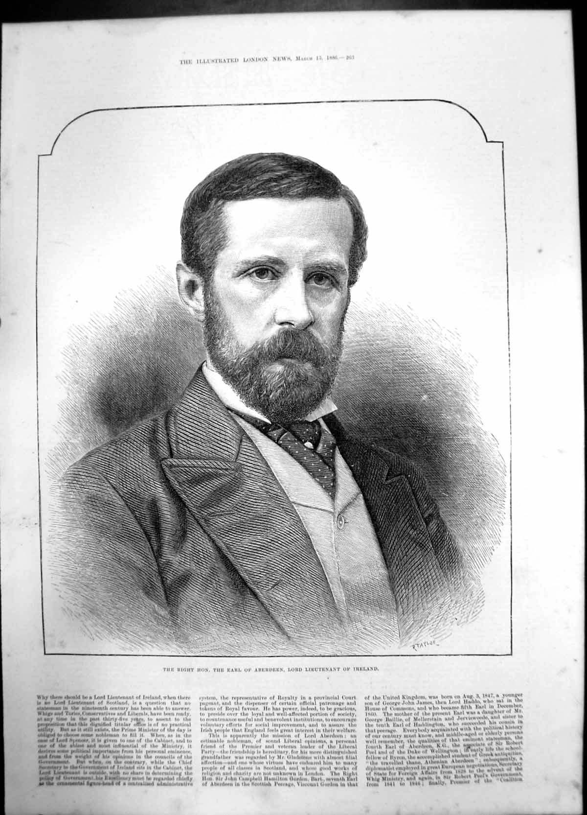 Original Old Antique Print Right Hon Earl Aberdeen Lord Lieutenant Ireland 1886