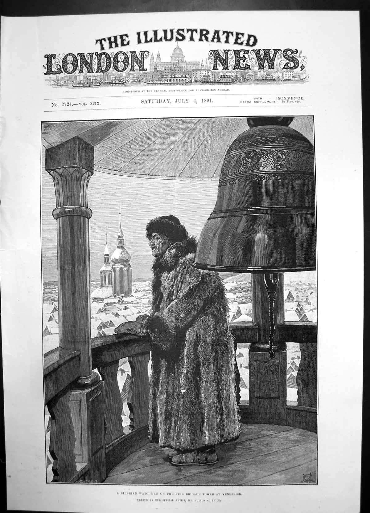 Old Print Siberian Watchman Fire Brigade Tower Yeneseisk 1981 Russia Bell 20th
