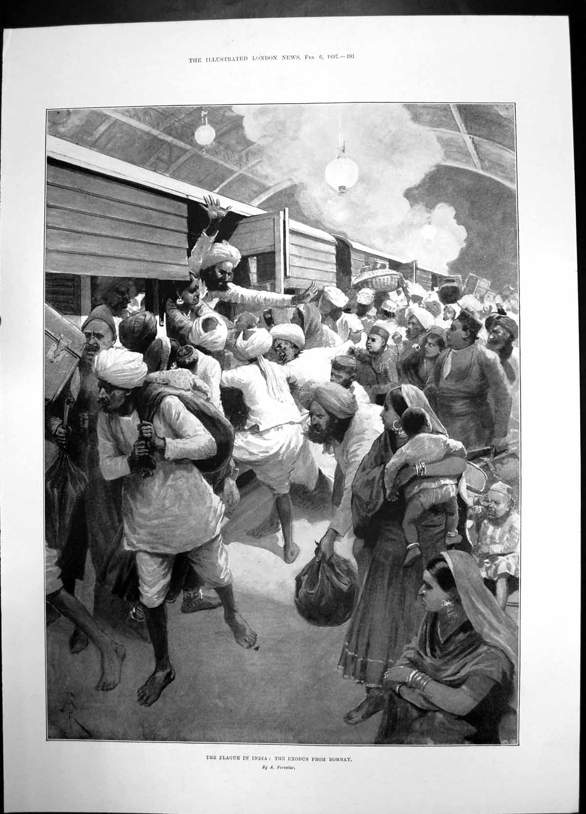 Antique Old Print Plague India Exodus Bombay 1897 Train Men Women Children 19th