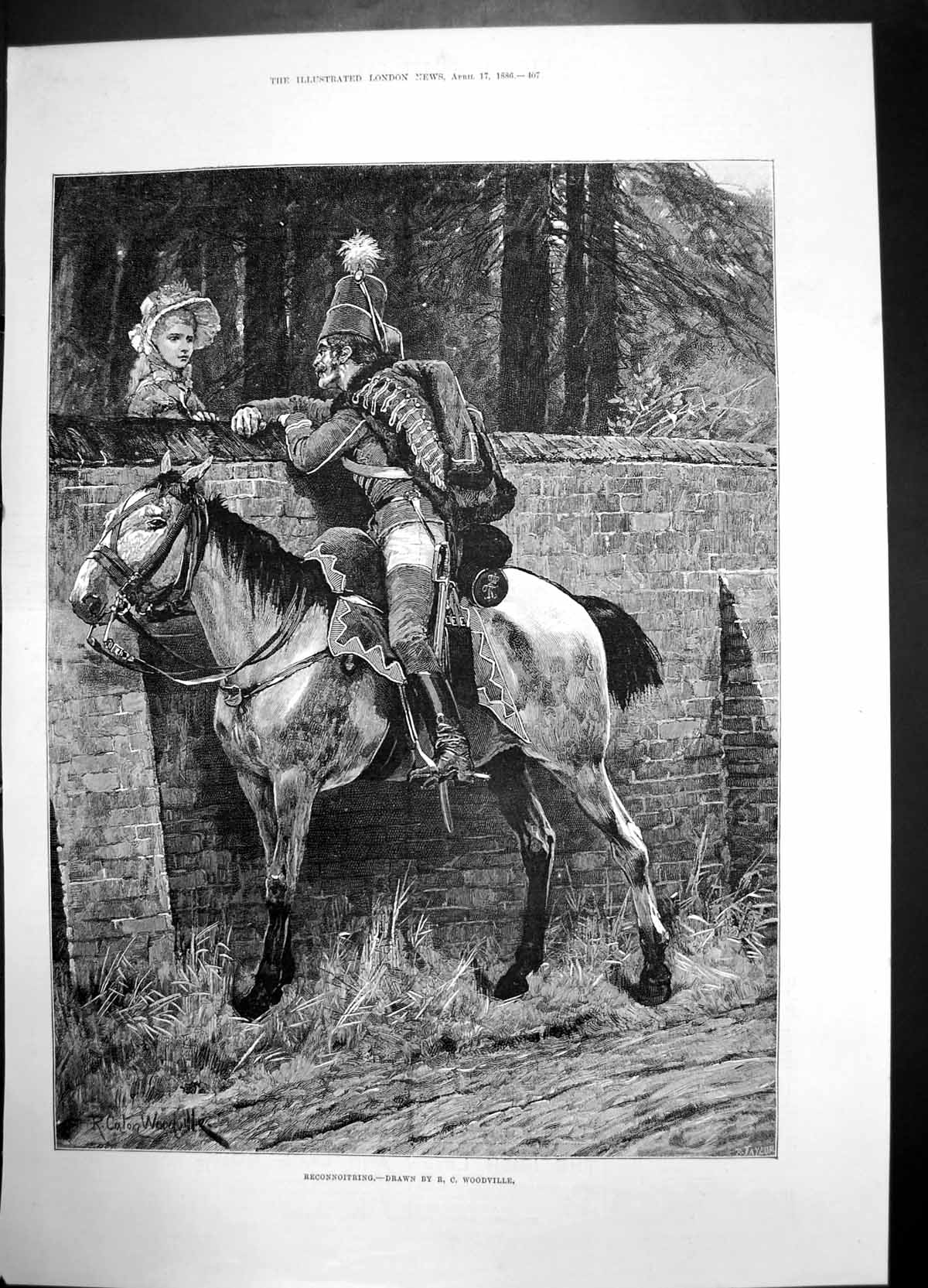Antique Old Print Reconnoitring Woodville 1886 Horse Man Woman Unifrorm Wall
