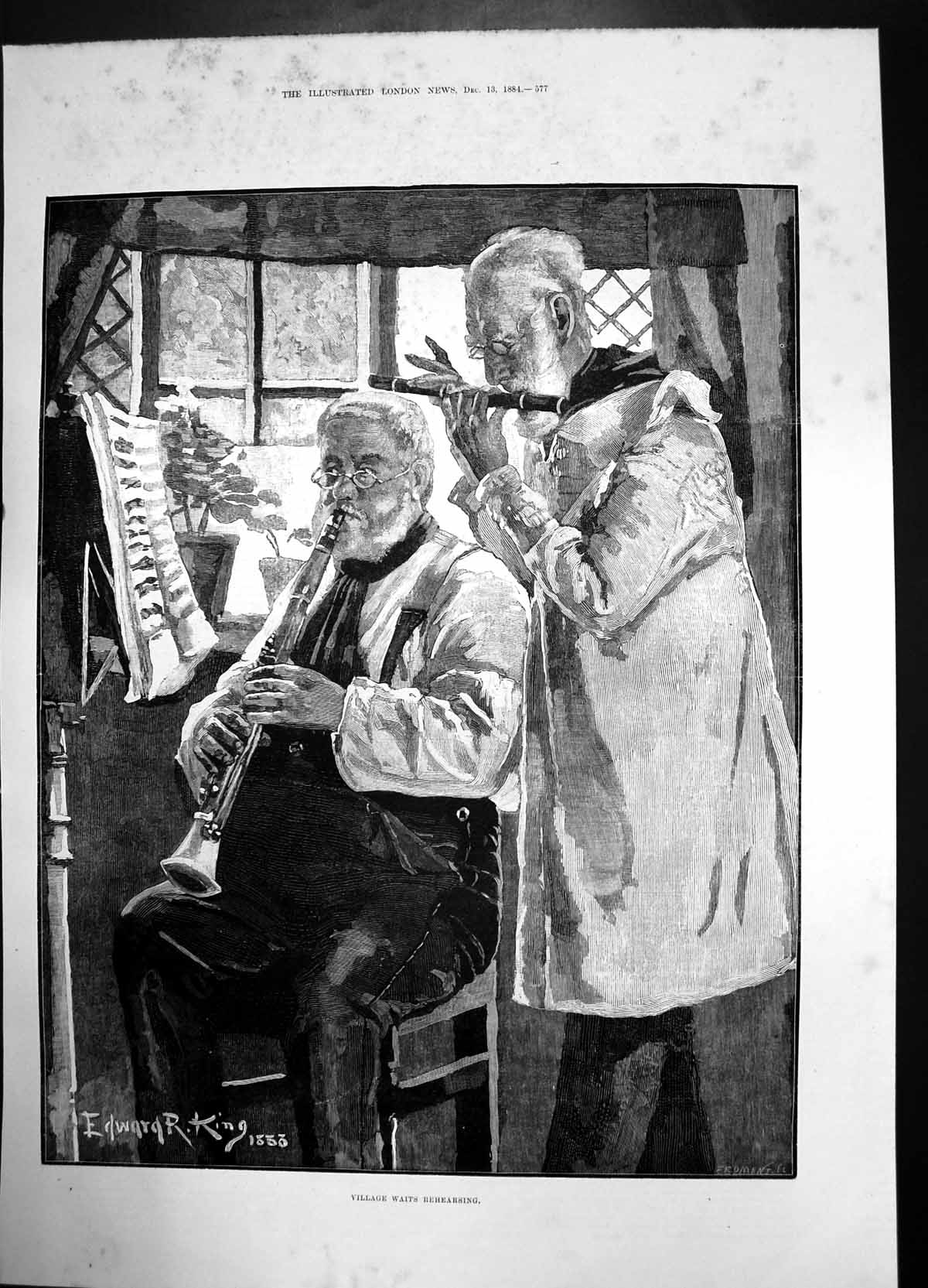 Old Antique Print Village Waits Rehearsing 1884 Men Flute Music Practice 19th