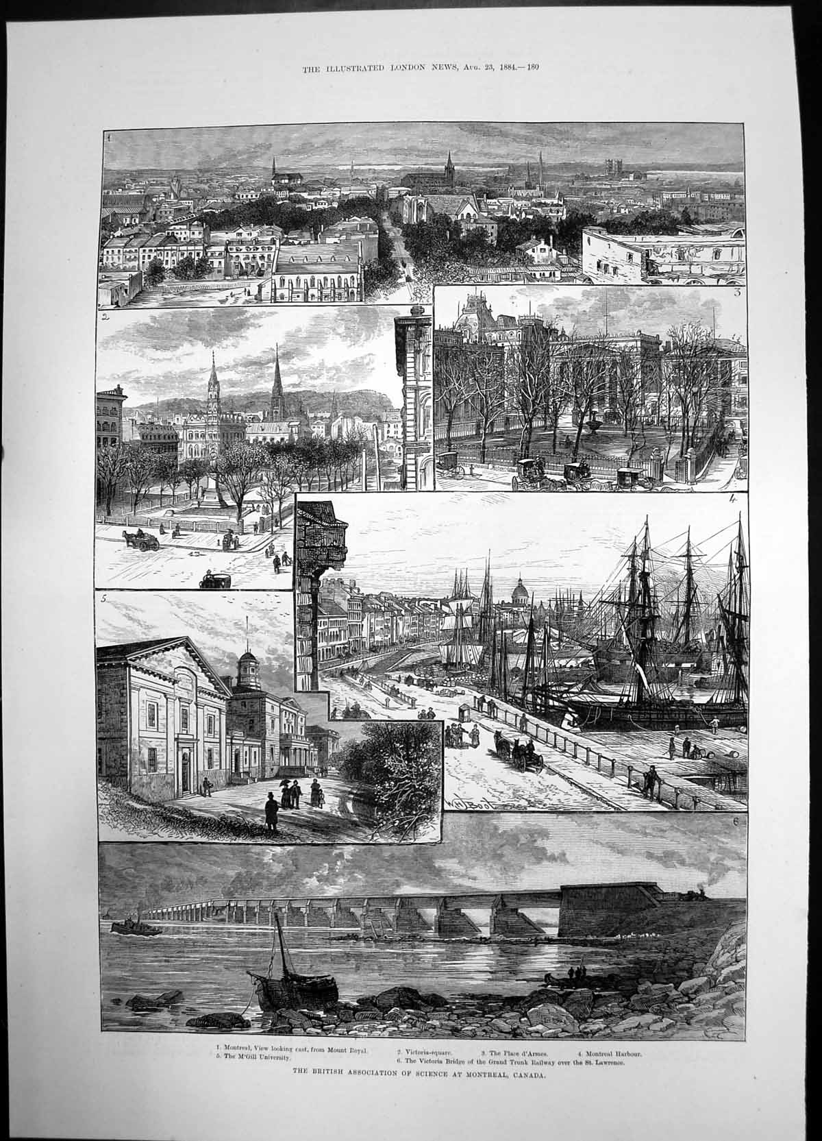 Old Print British Association Science Montreal Canada 1884 Harbour Bridge 19th