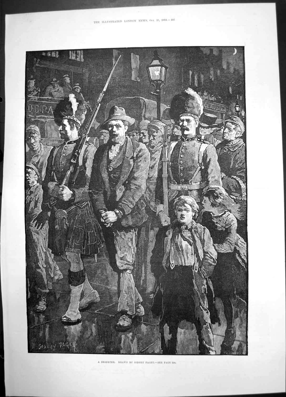 Antique Old Print Deserter Sidney Paget 1884 Kilt Gun Uniform Children March