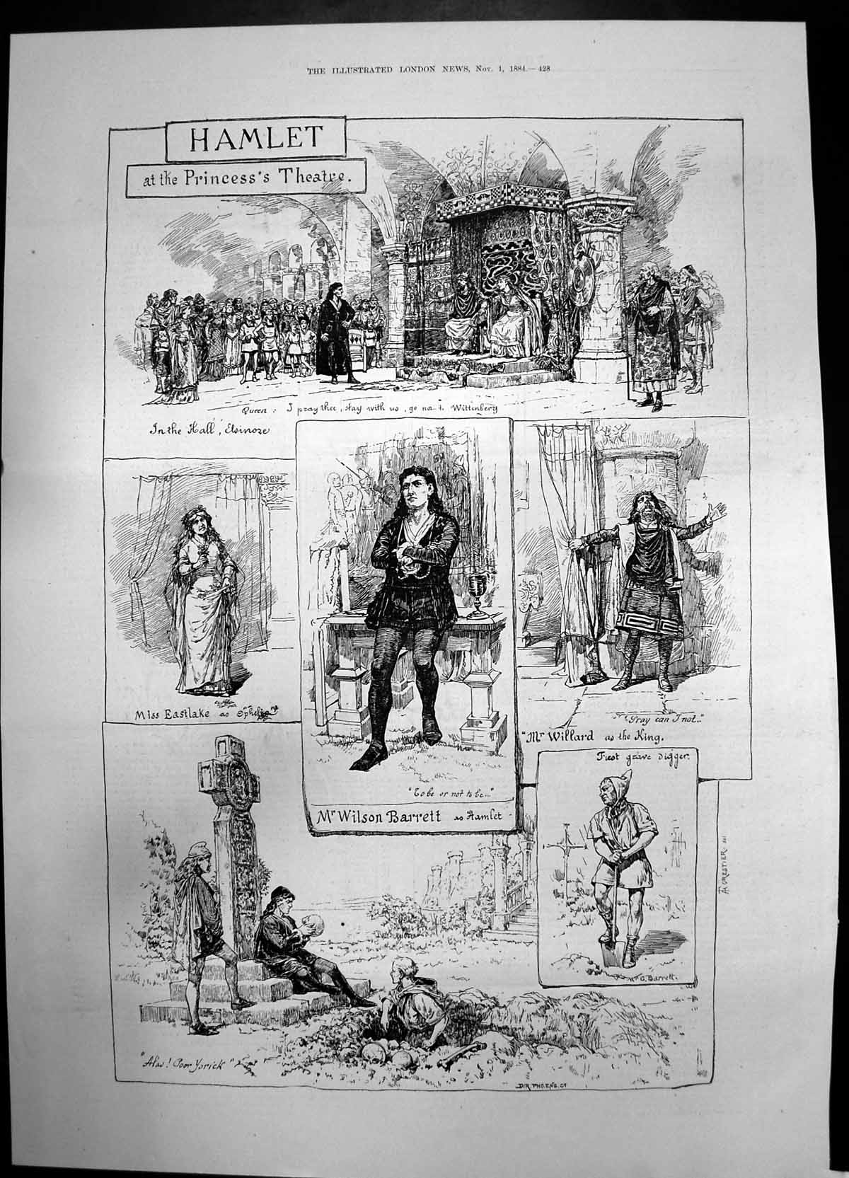 Old Print Hamlet Princess Theatre Wilson Barrett 1884 Sketches King Cast 19th