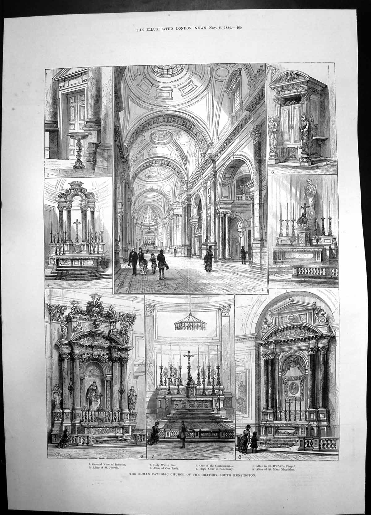 Antique Old Print Roman Catholic Church Oratory South Kensington 1884 Chapel