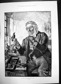 Original Old Antique Print Bird Stuffer Rainey 1884 Man Working Portrait Tools