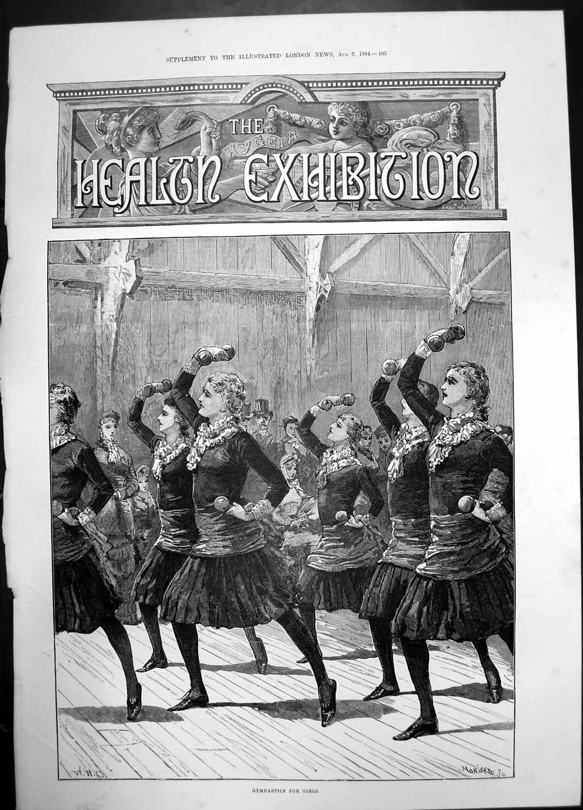 Antique Old Print Gymnastics Girls Health Exhibition Dancing 1884 Performance