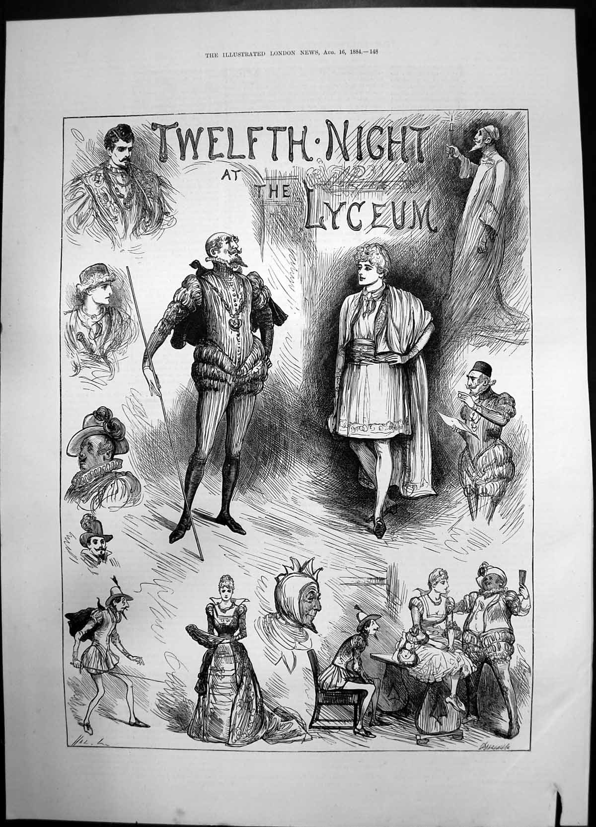 Old Print Twelfth Night At The Lyceum 1884 Jester Costume Men Performance 19th