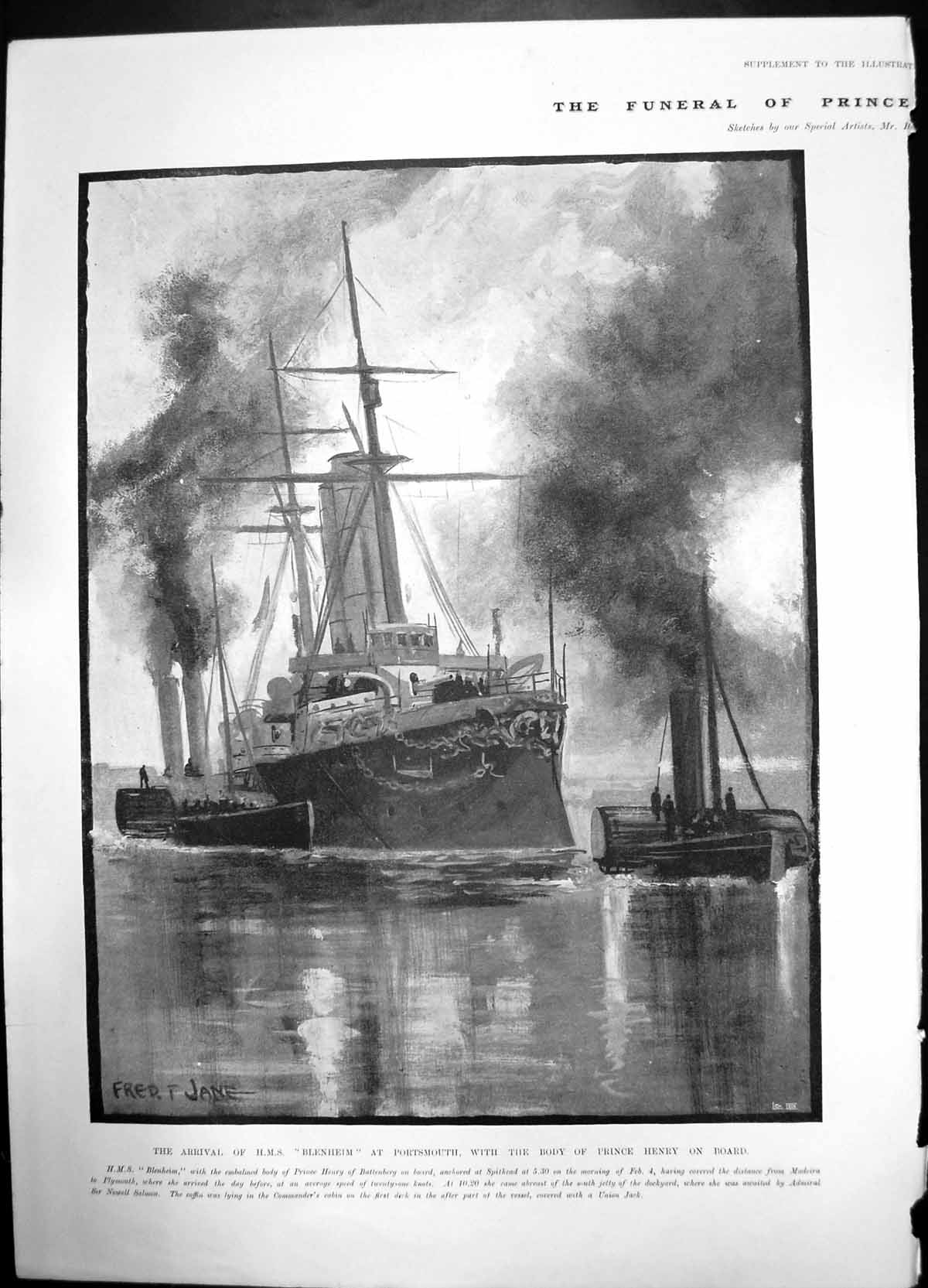 Old Antique Print Arrival Hms Blenheim Portsmouth Body Prince Henry Boat