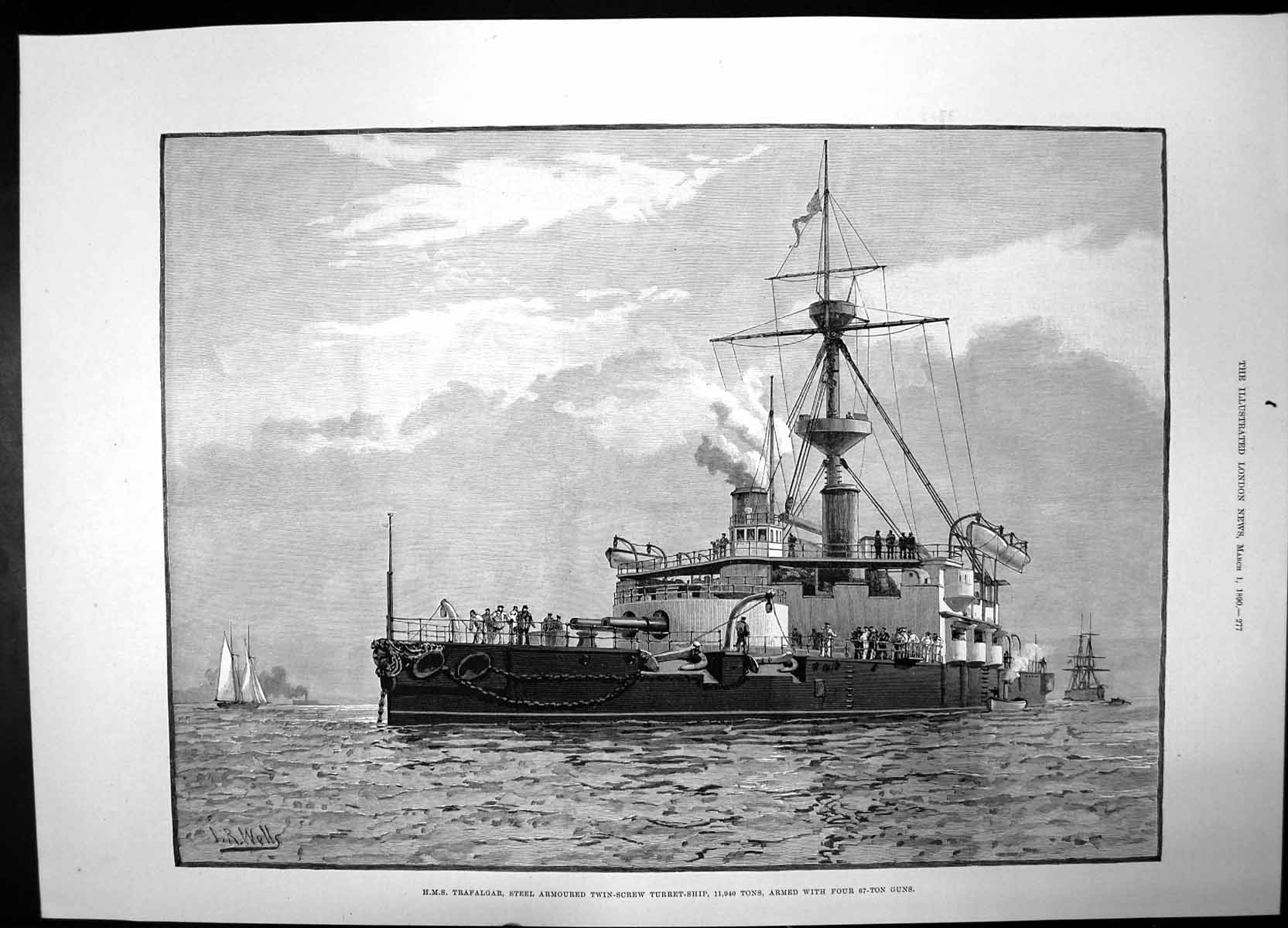 Antique Print Hms Trafalgar Steel Armoured Twin Screw Turret Guns 1890 Boat
